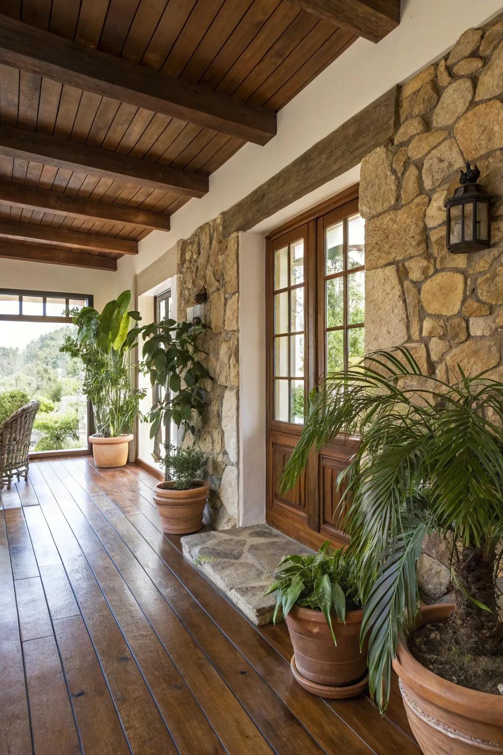 A guest house interior featuring natural materials, creating a warm and inviting atmosphere.