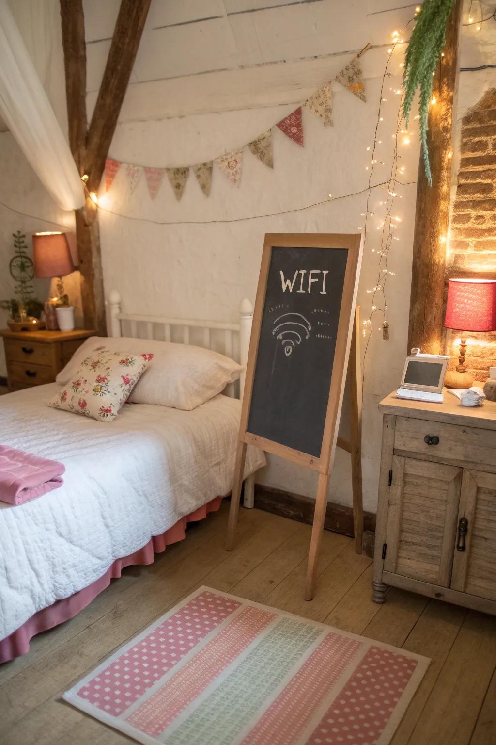 A chalkboard easel creatively sharing the WiFi password in a warm, inviting setting.