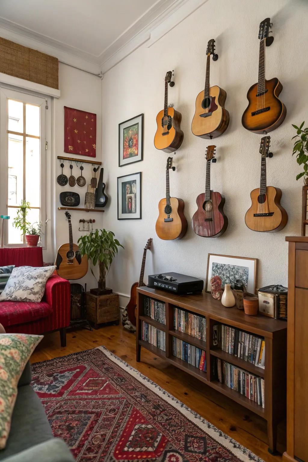 Tiered instrument presentation, incorporating artistic flair to the interior design.