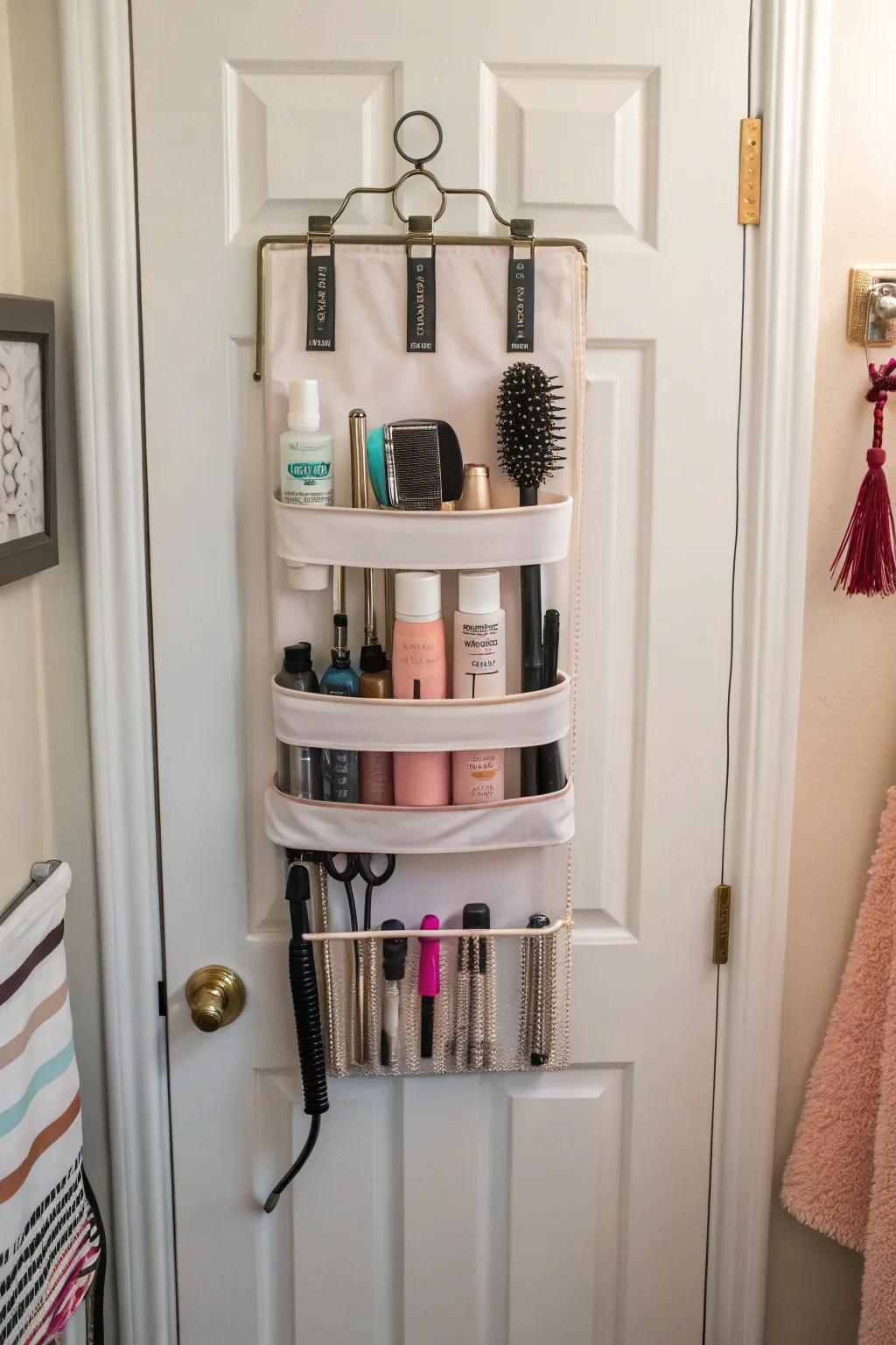 Leveraging space with a practical door-hanging shelf for hair essentials.