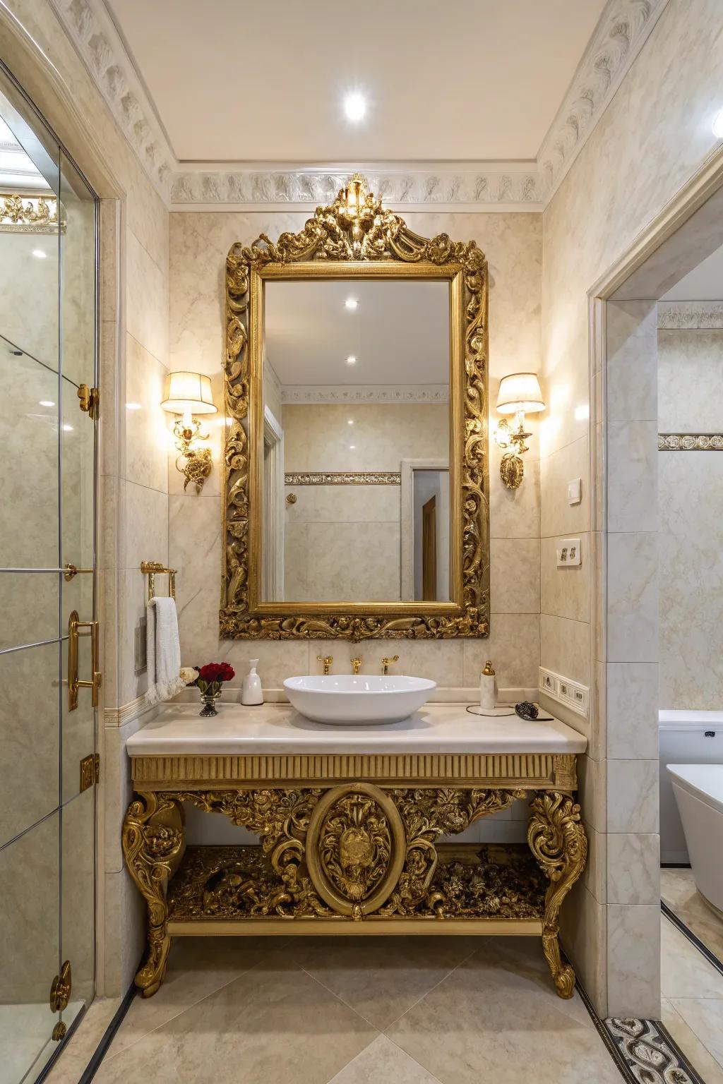 An elaborate looking glass can effortlessly enhance your small washroom’s style.