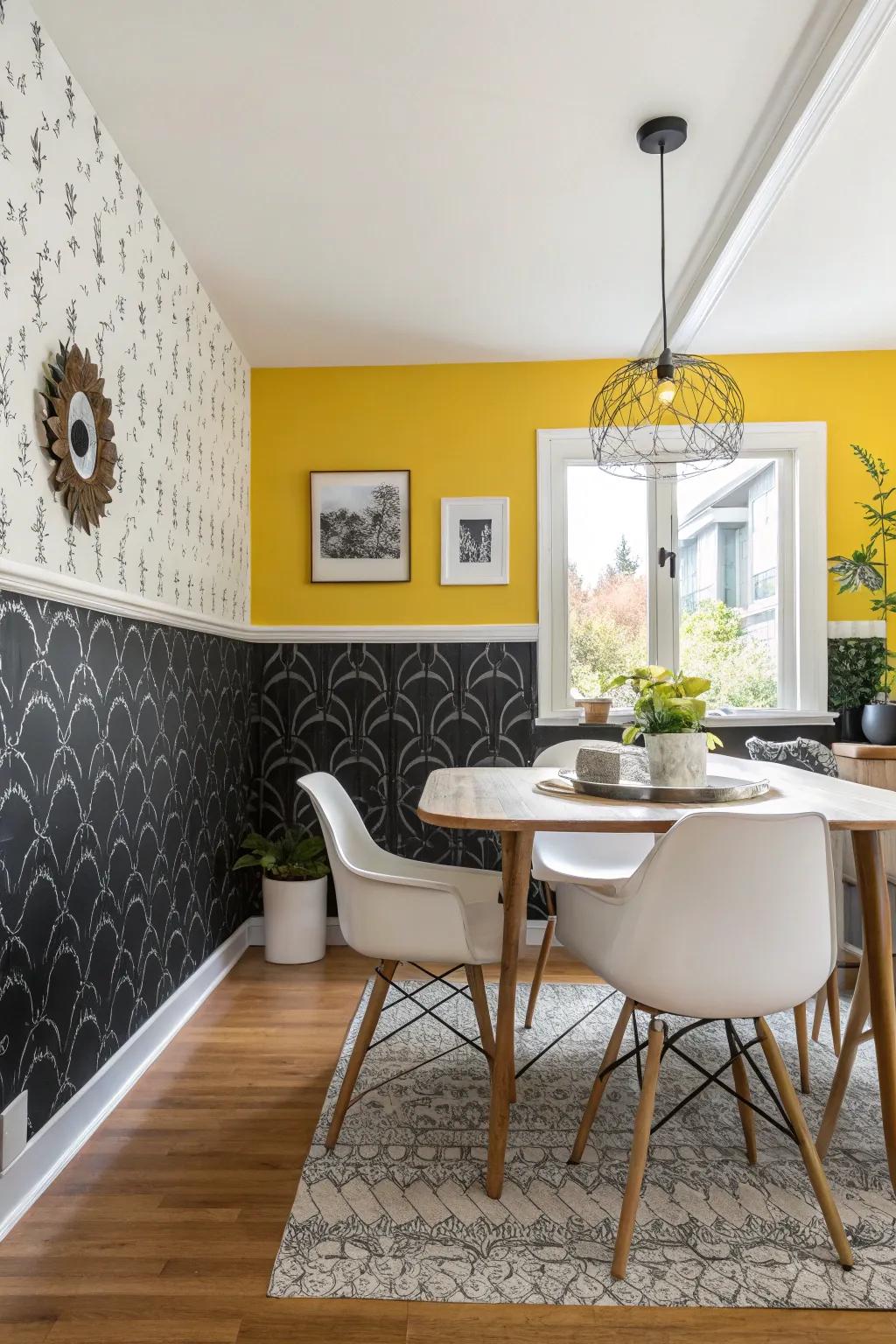 A striking dining area adorned with ebony wallcoverings and amber coating, presenting a lively and animated visual.