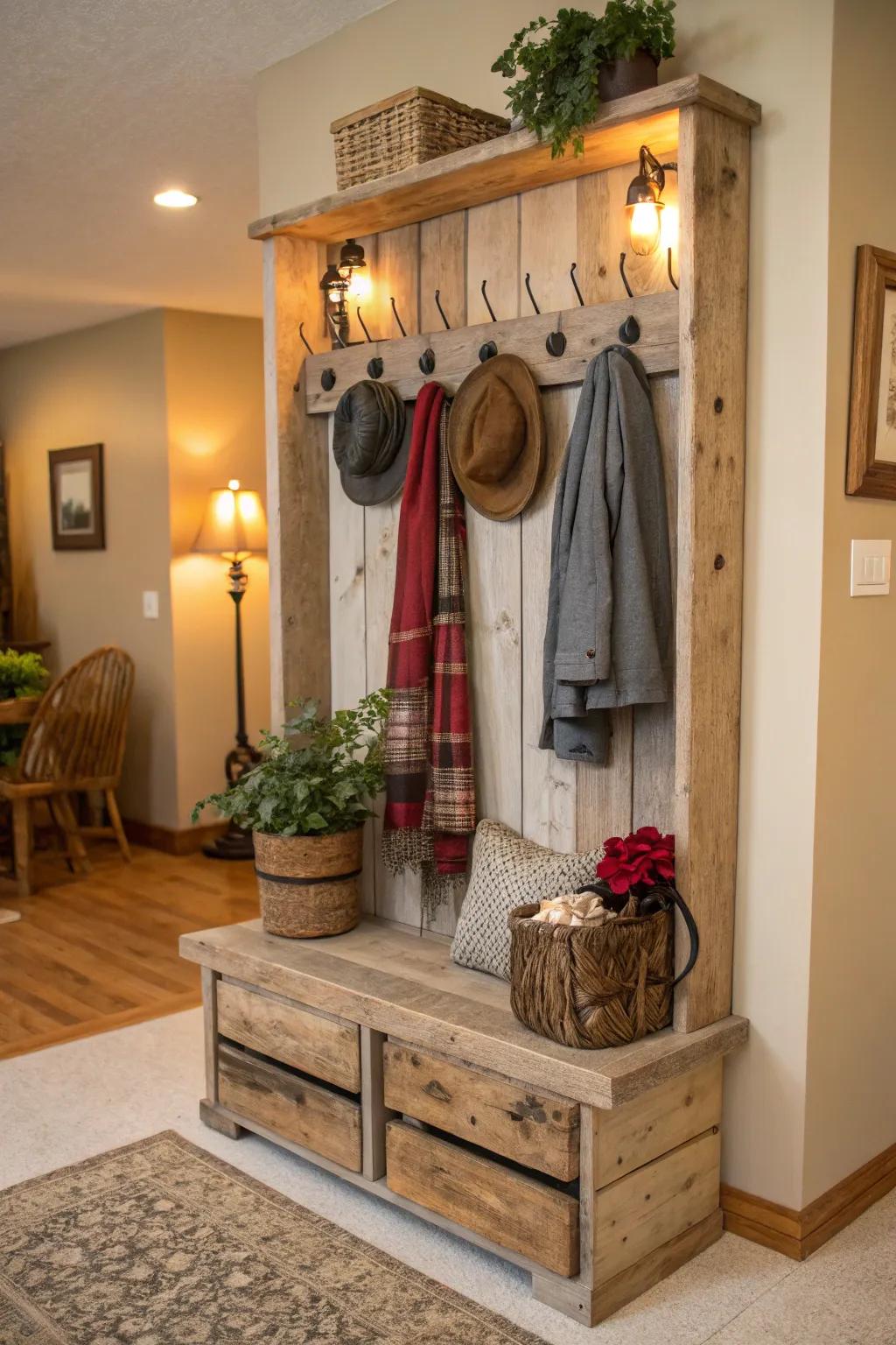 Celebrate rustic charm with this reclaimed lumber hall tree.