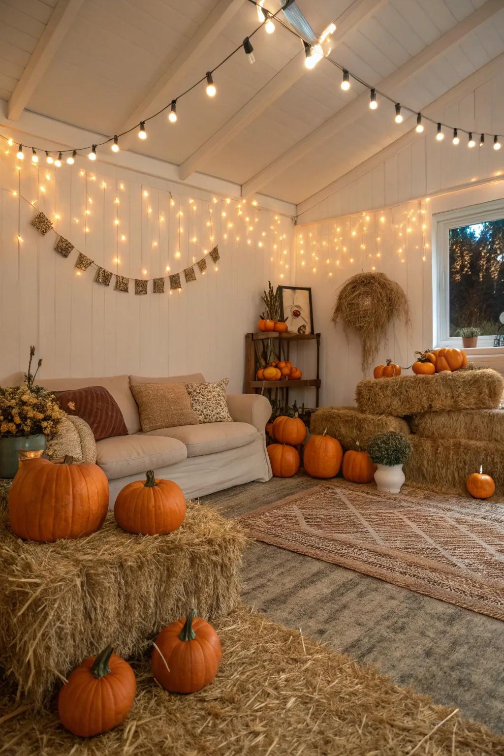 A pumpkin patch decor brings a rustic charm to your Halloween baby shower.
