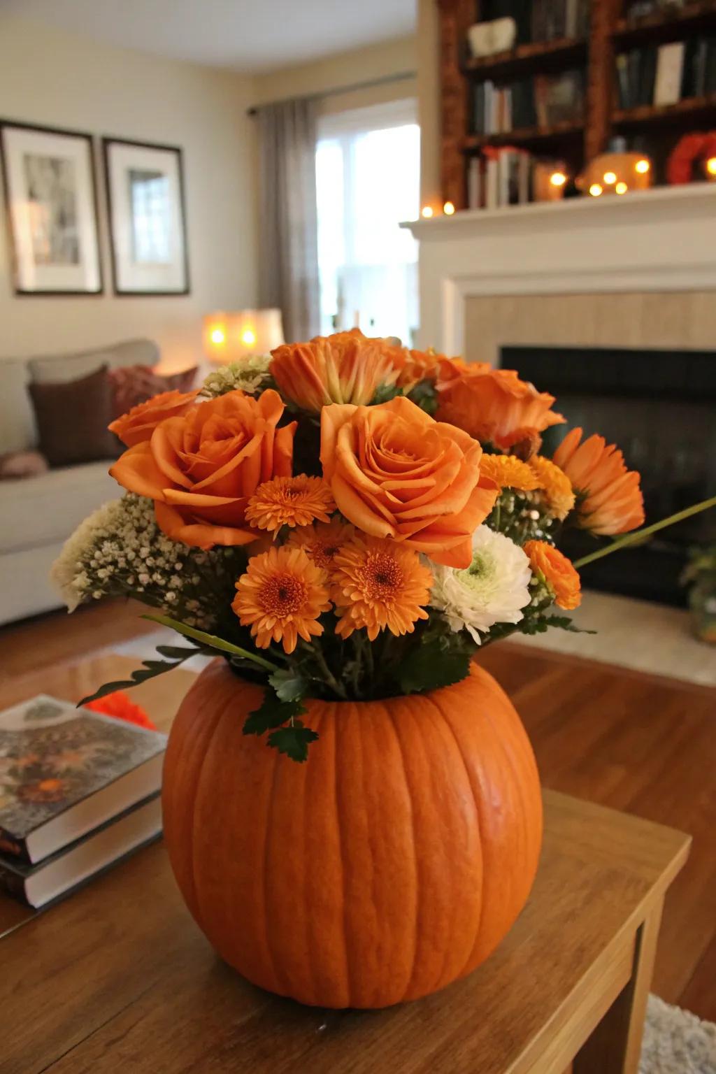 A pumpkin turned vase, brimming with lively blossoms, makes a superlative Halloween centerpiece.