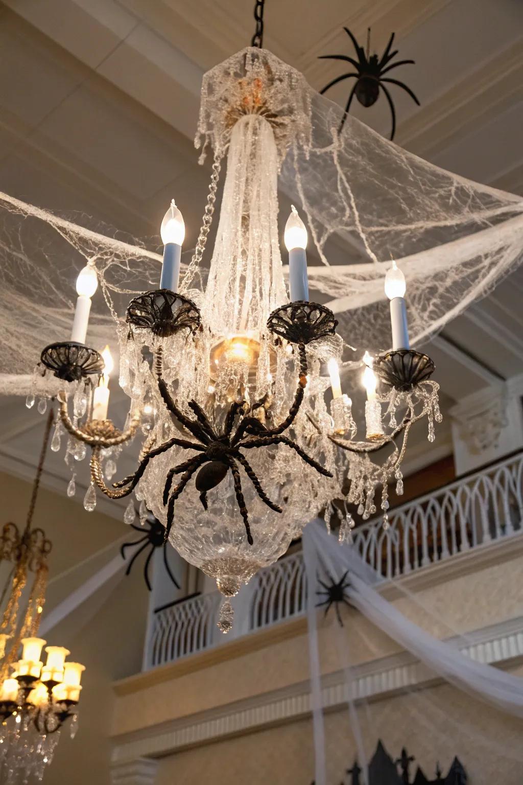 Spider silk casts a haunting spell upon any chandelier.