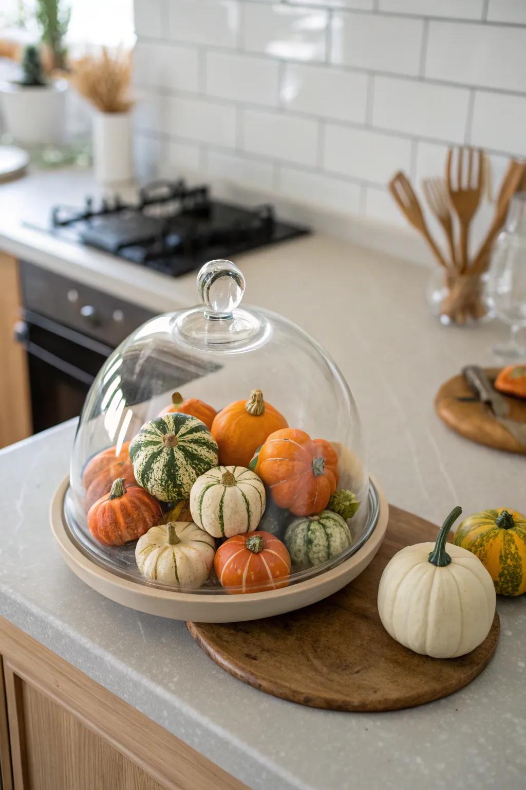A delightful display cover overflowing with a spectrum of tiny gourds.