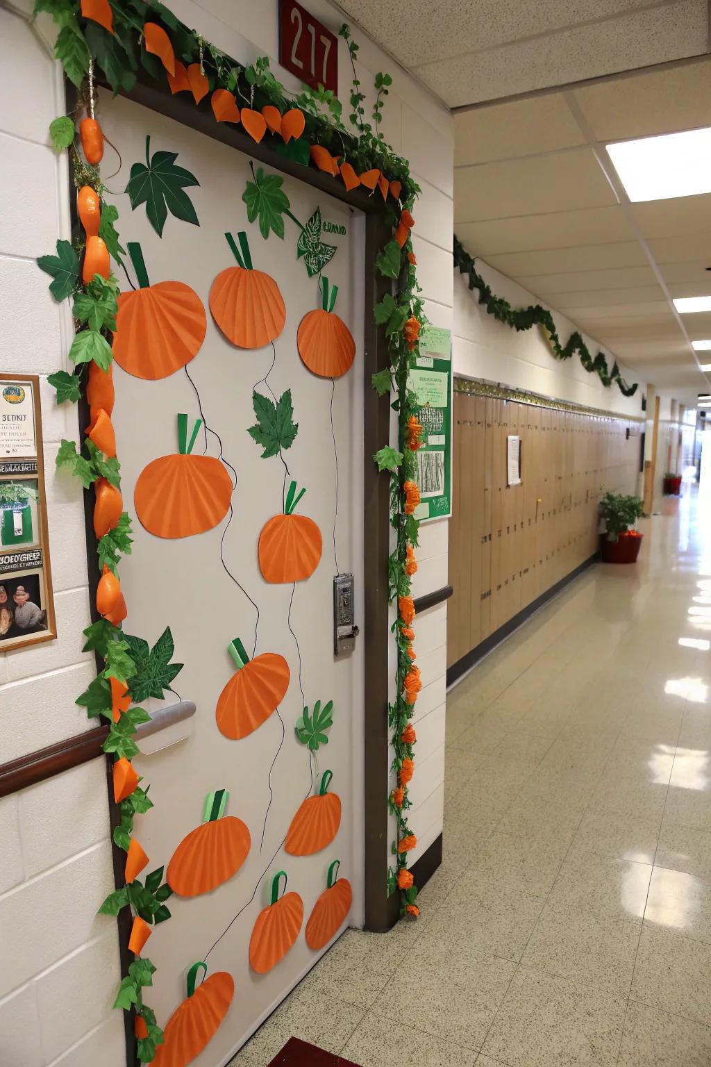 A classroom entrance converted into an enchanting pumpkin display scene.