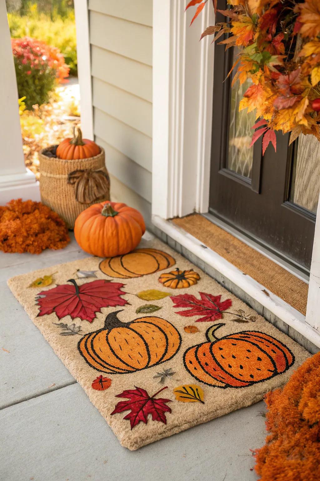 A gourd-themed entrance mat brings the harvest time to your home.