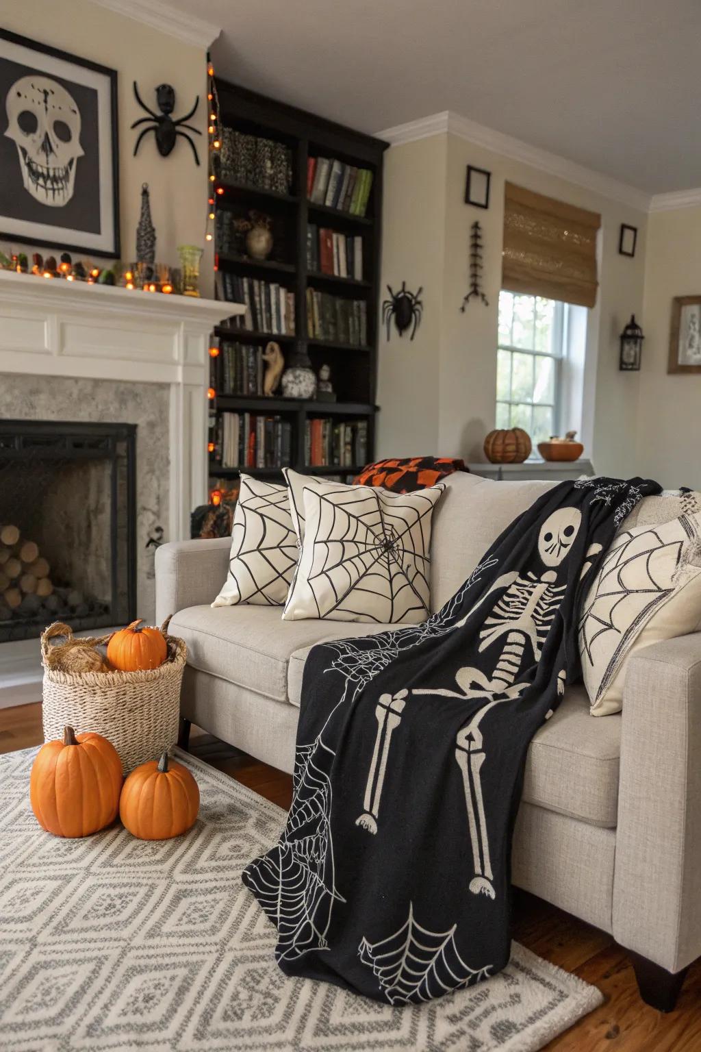 Skeleton cushions lend a playful yet chilling charm to your seating space.