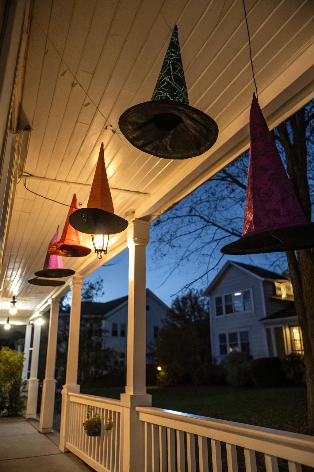 Suspended sorcerer hats bring a mystical touch to this Halloween setting.