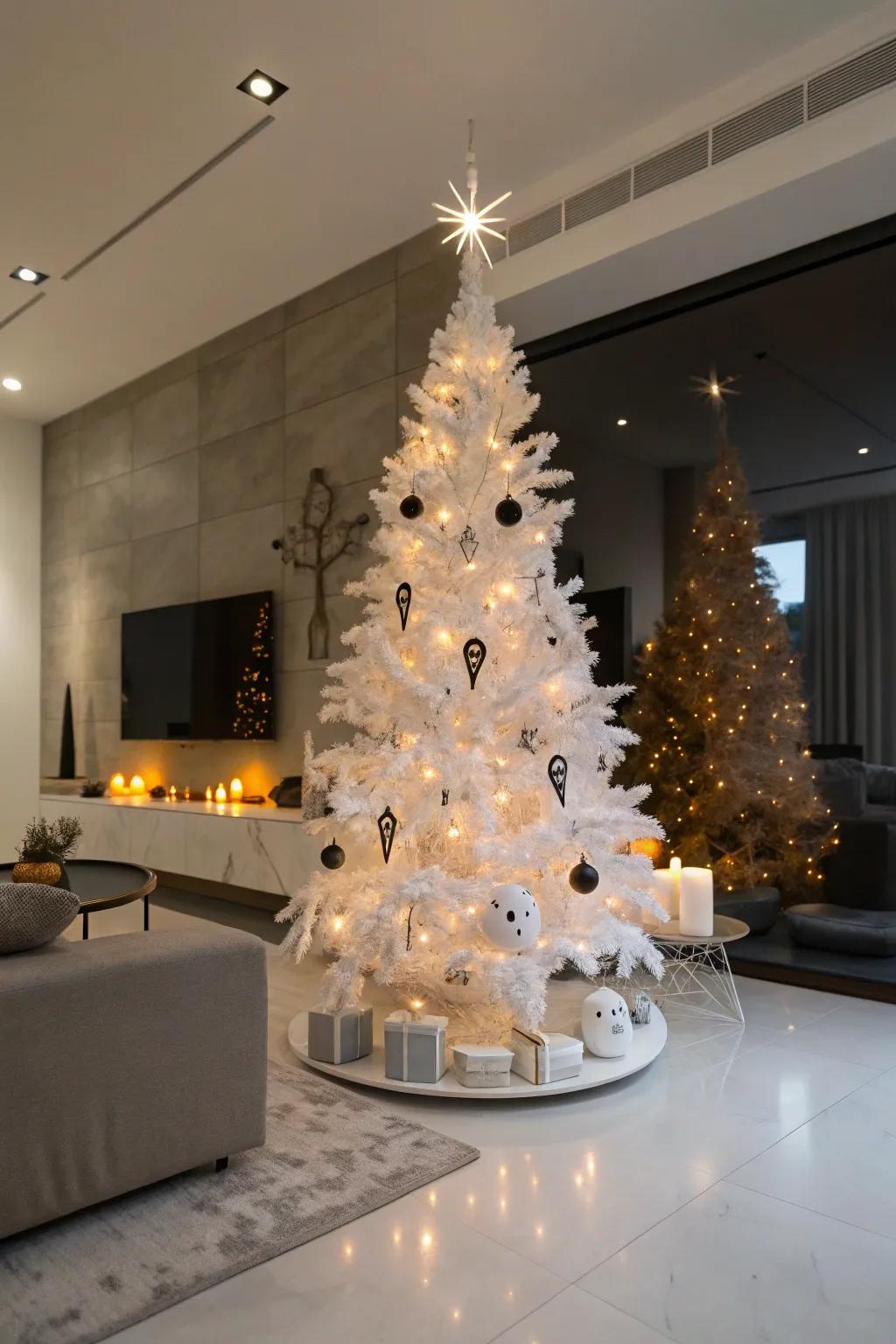 An ethereal white Halloween tree radiating chic, spectral vibes.