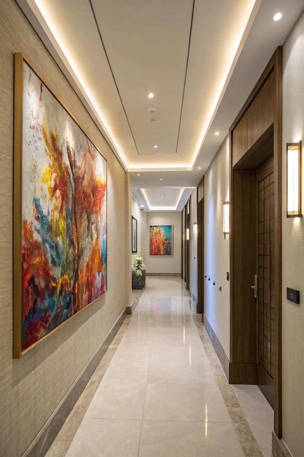 A single, oversized art piece establishes a minimalist yet potent presence.