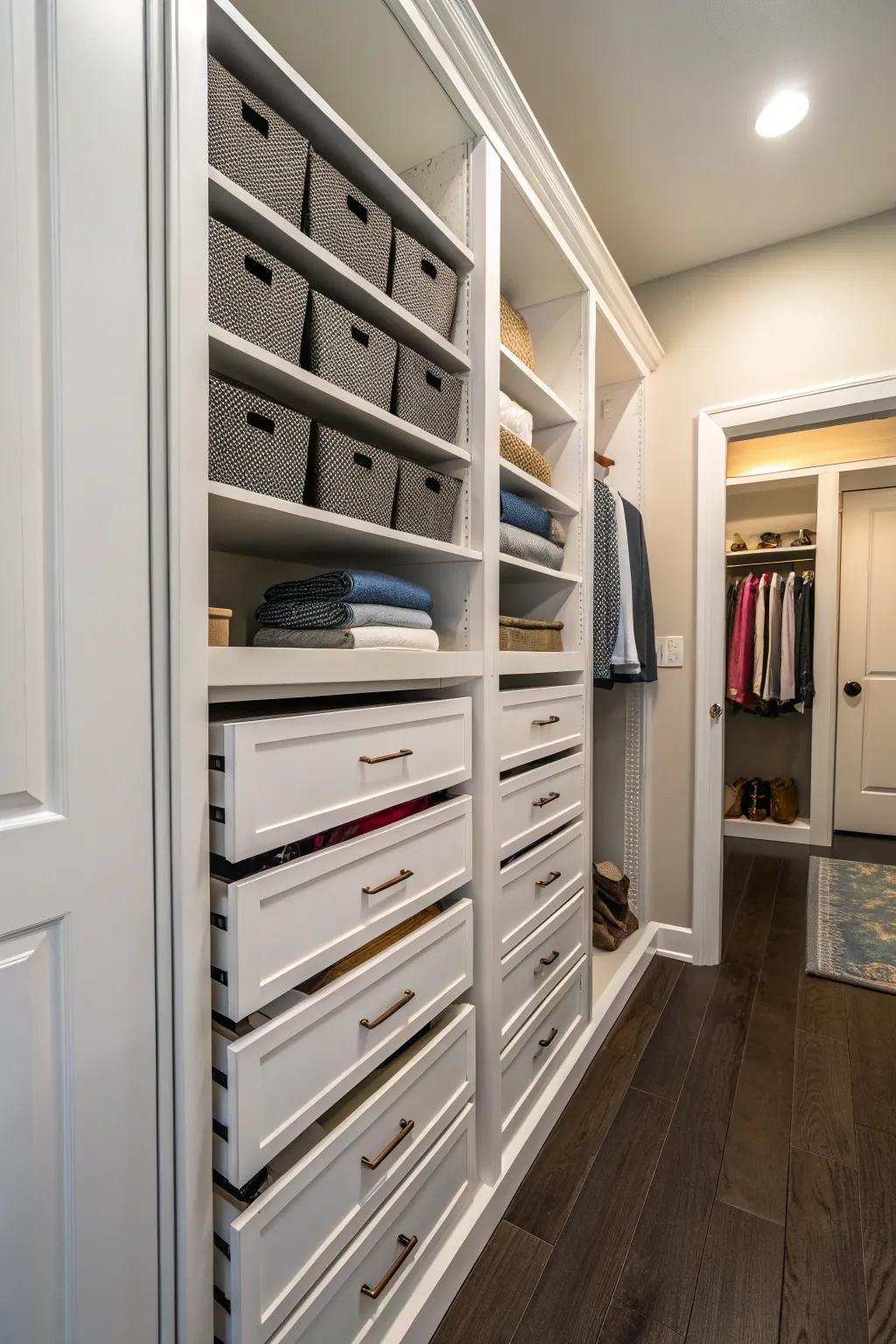 Slide-out trays in a hallway closet that allow for simple access to stored items.