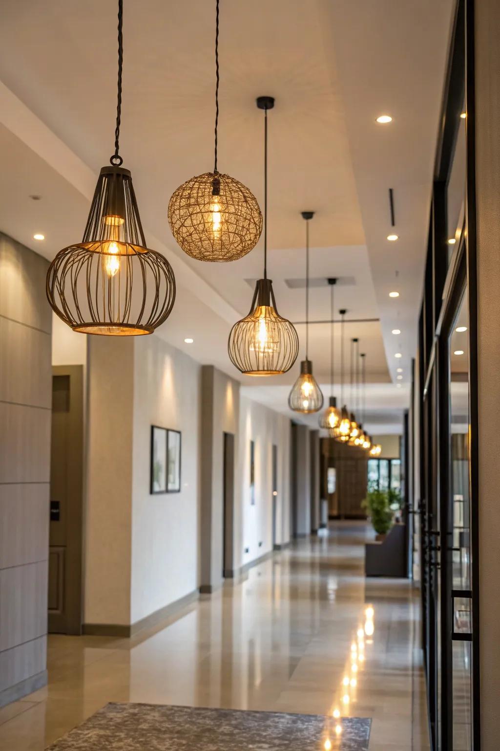 Suspended lights inject a sense of drama into hallways boasting high ceilings.
