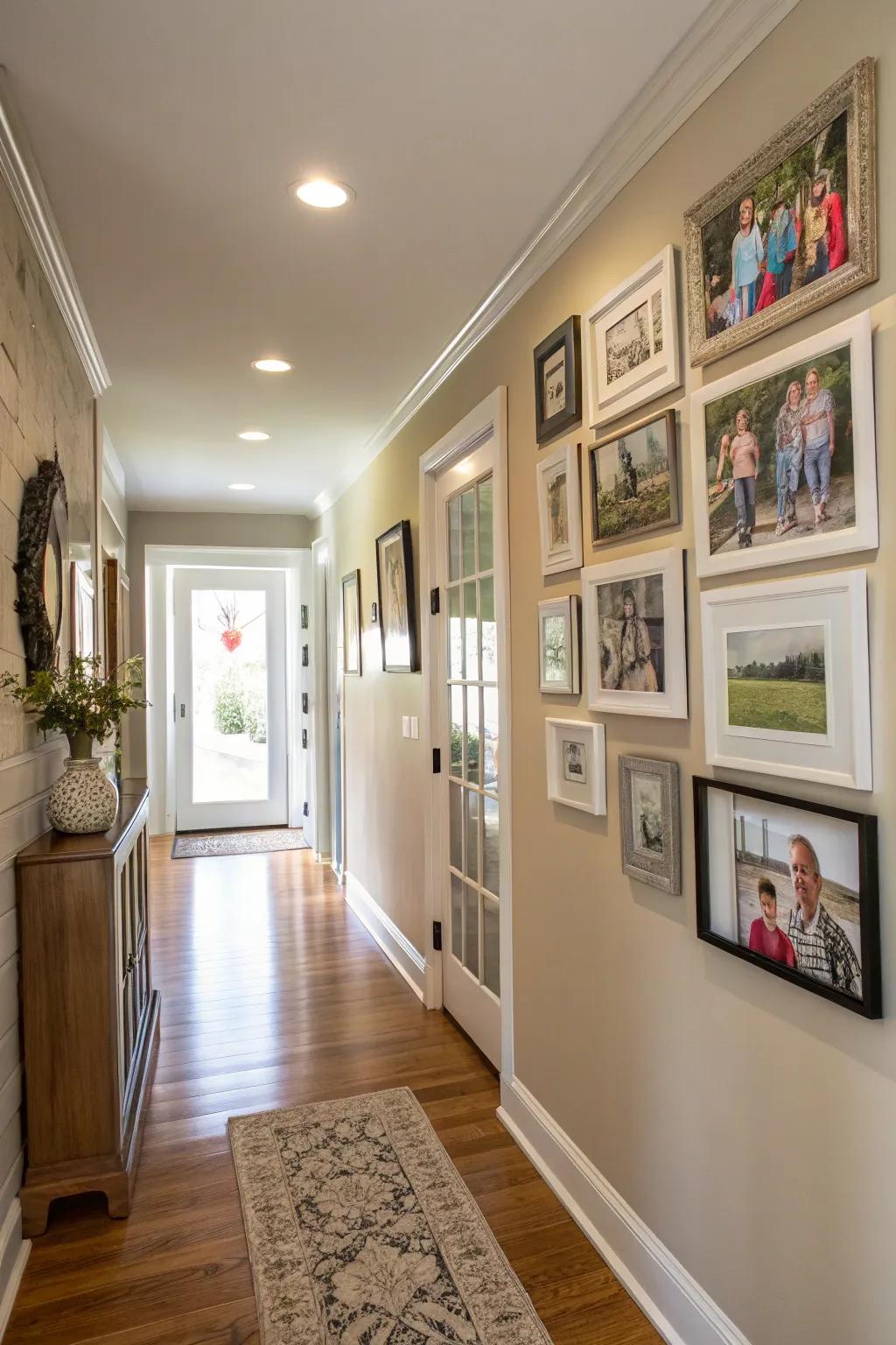 A gallery wall transforms your hallway into a personal art space.
