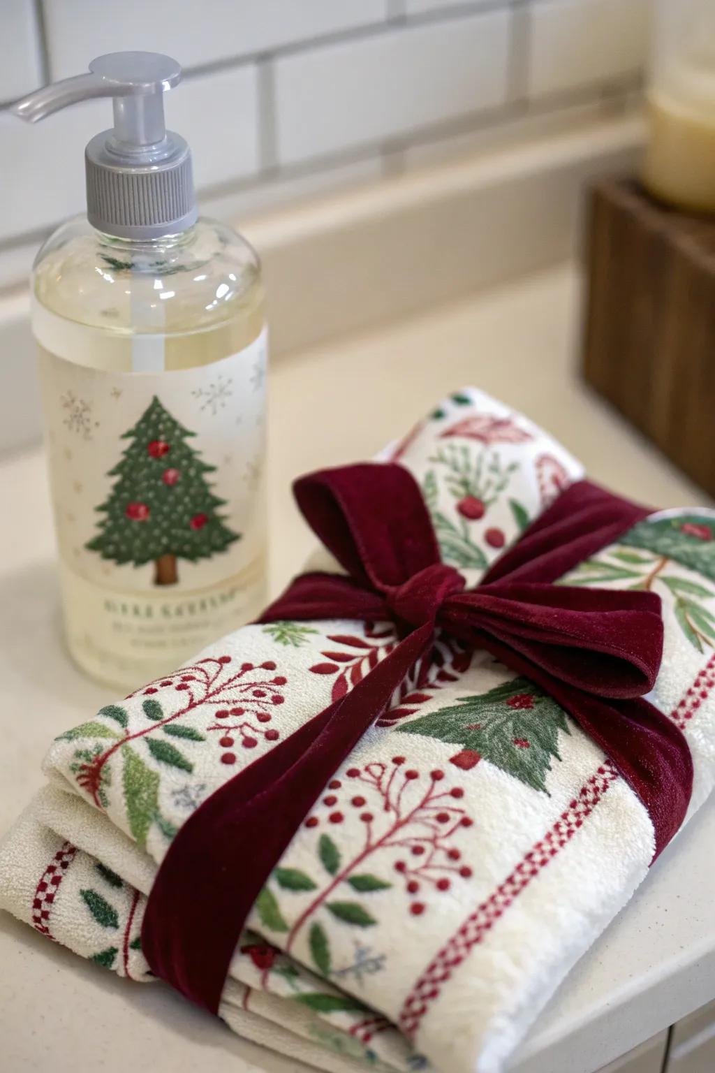 An enchanting ensemble of hand cleanser and tea towel, impeccable for gifting.