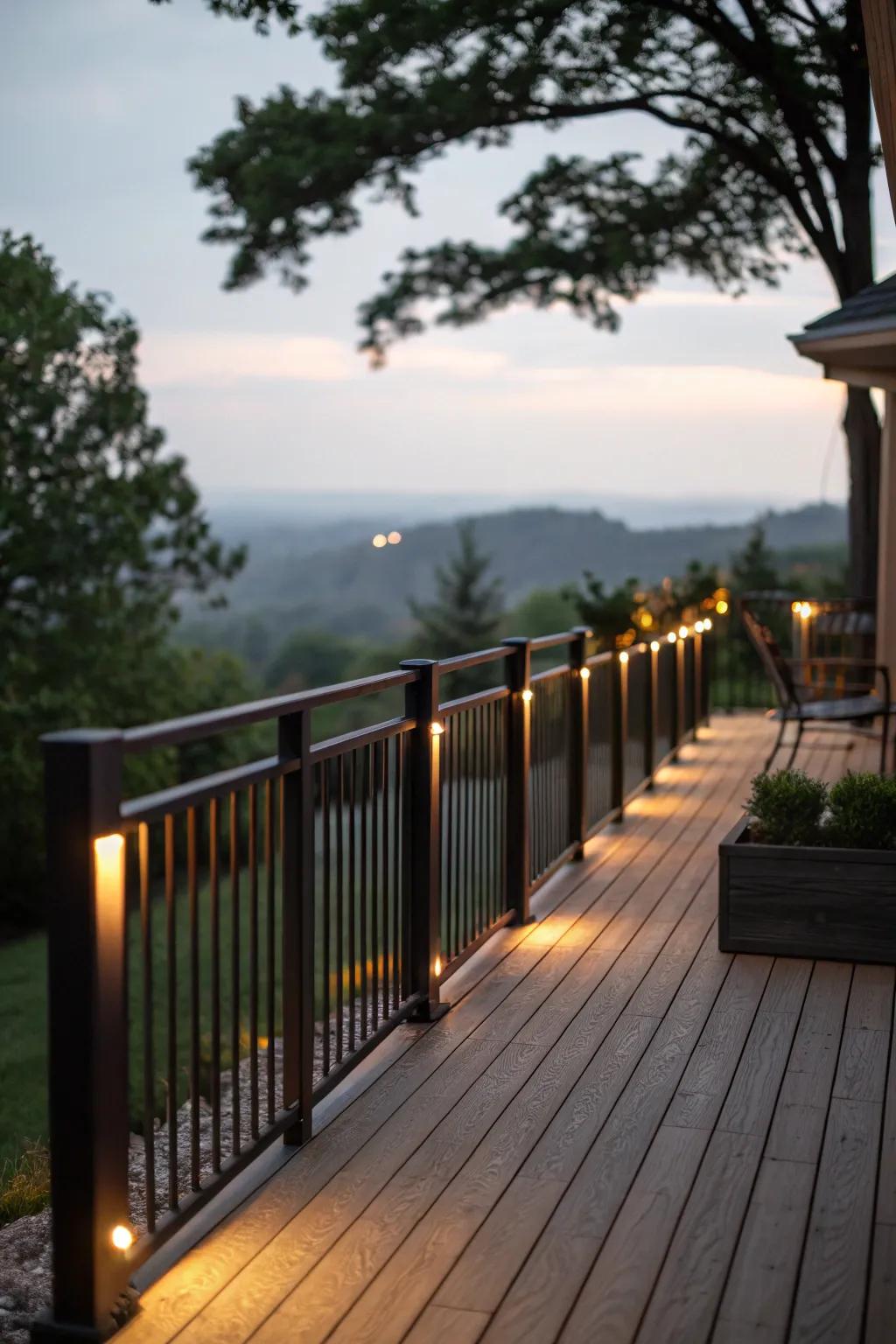 Outdoor porch railings enhanced with delicate LED lights, fostering a comfortable setting