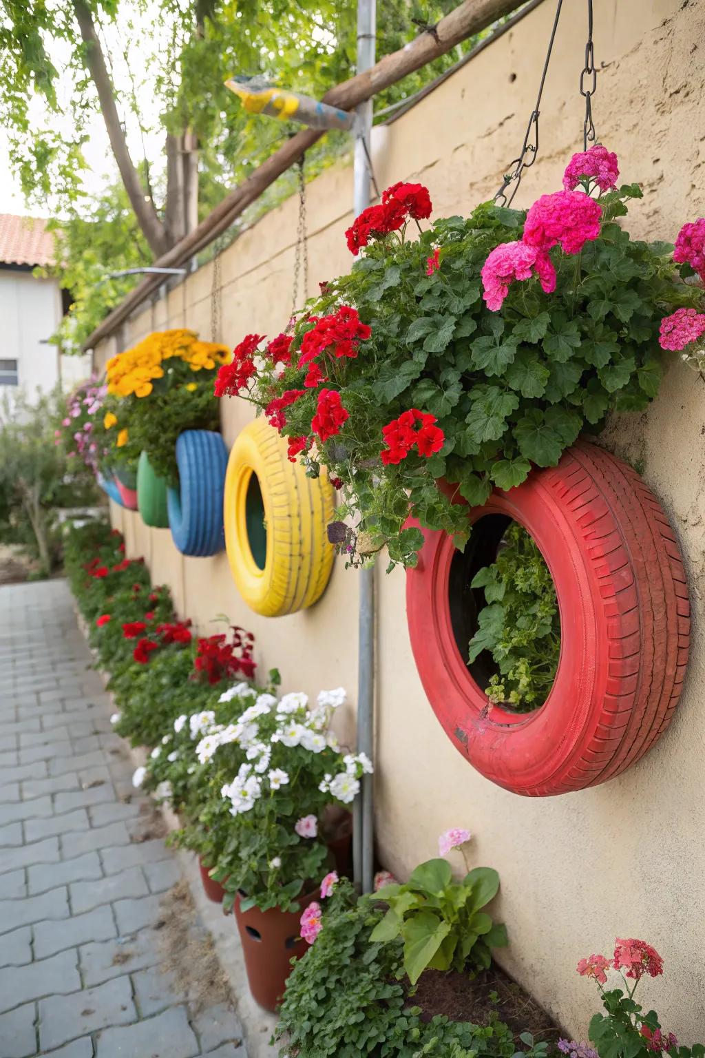 Reclaimed tires offer geraniums a playful abode.