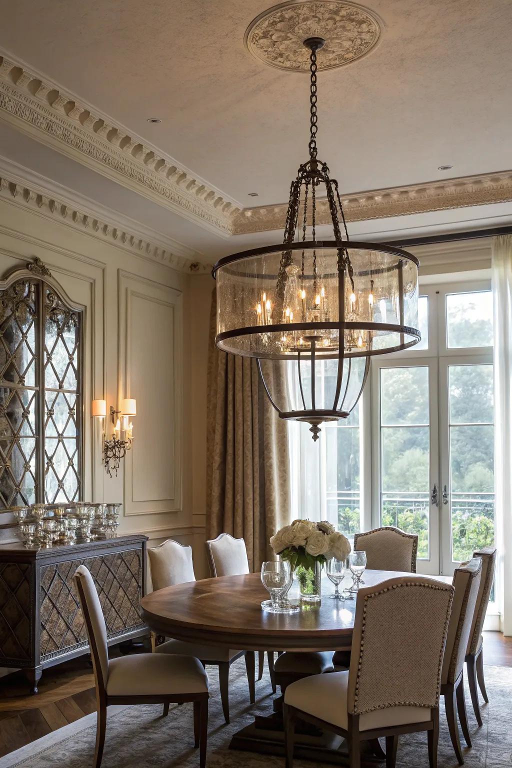 Chandeliers enhance dining areas with charm and warmth.