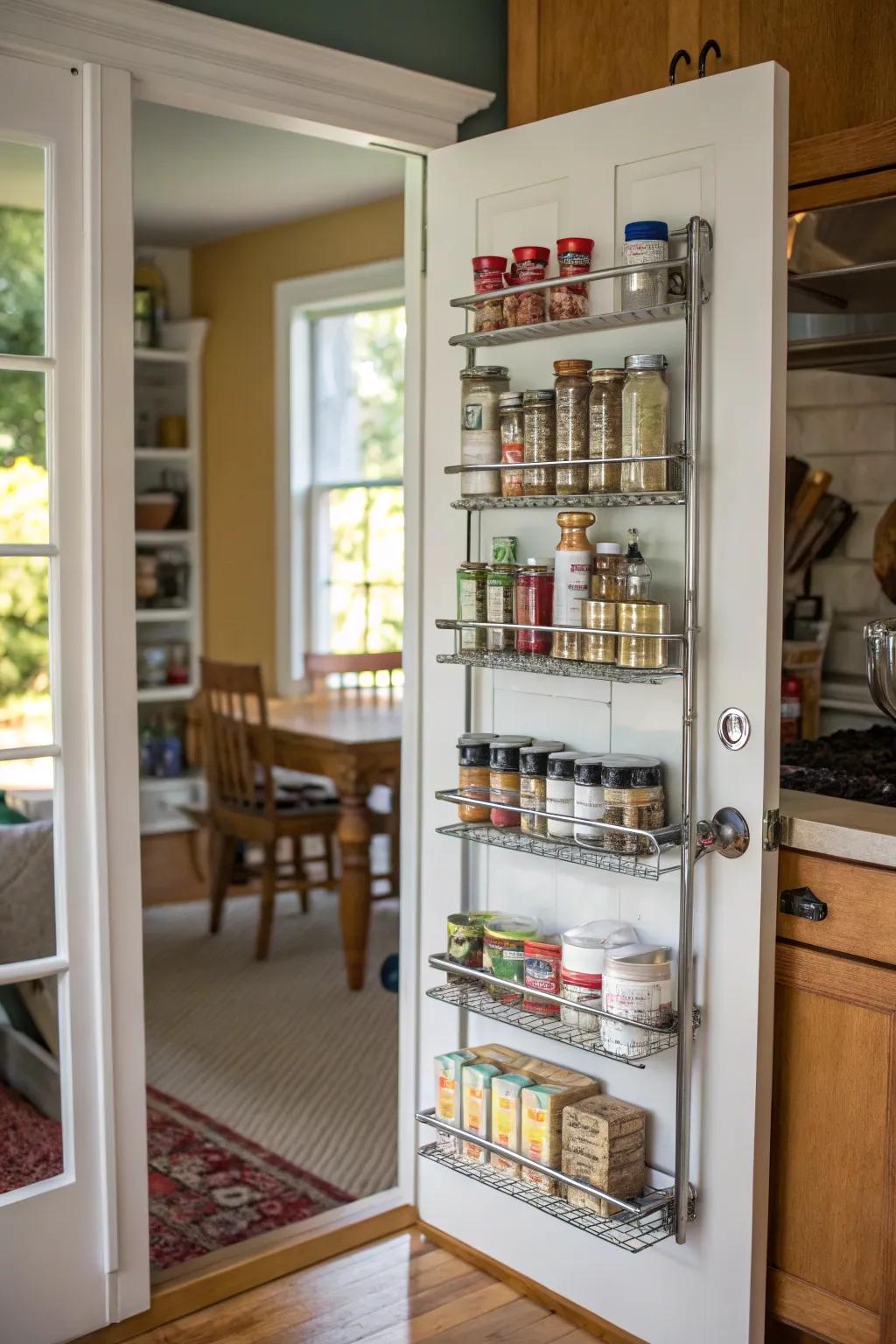 Increase pantry space through a rack affixed over the door.