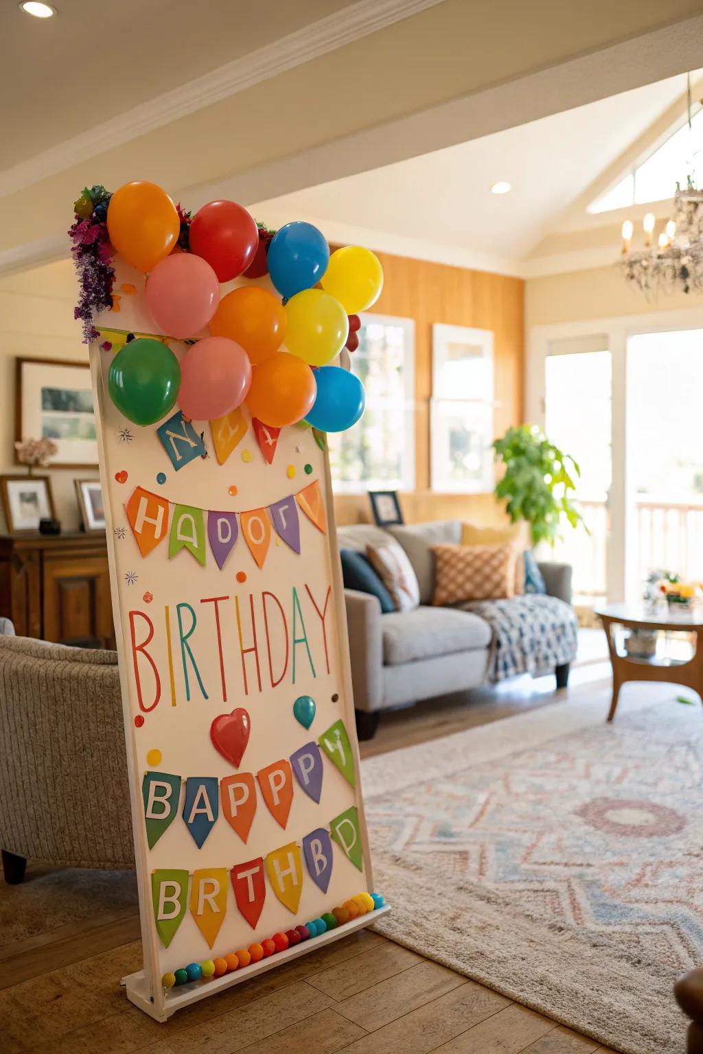 A vibrant birthday display festooned with colorful balloons.