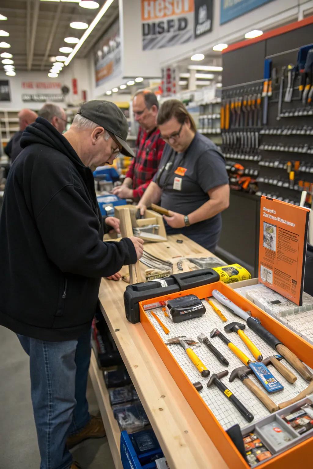 A hands-on display featuring a tool station that encourages customers to test out tools.