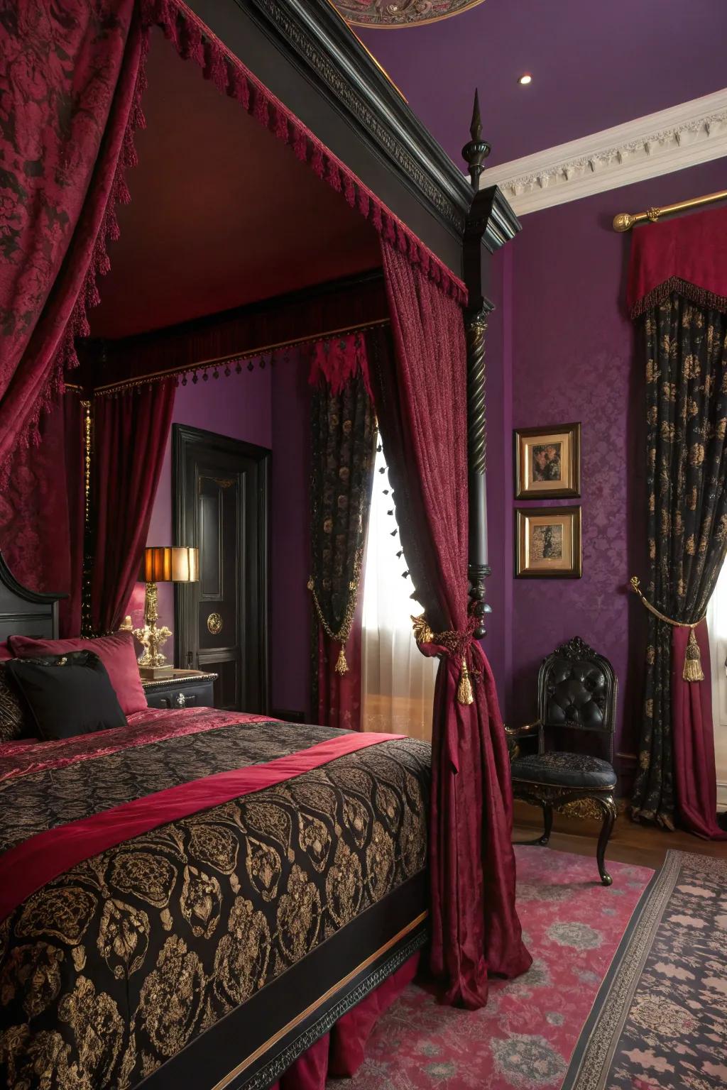 Deep colors lay the groundwork for an unsettling yet refined bedroom.