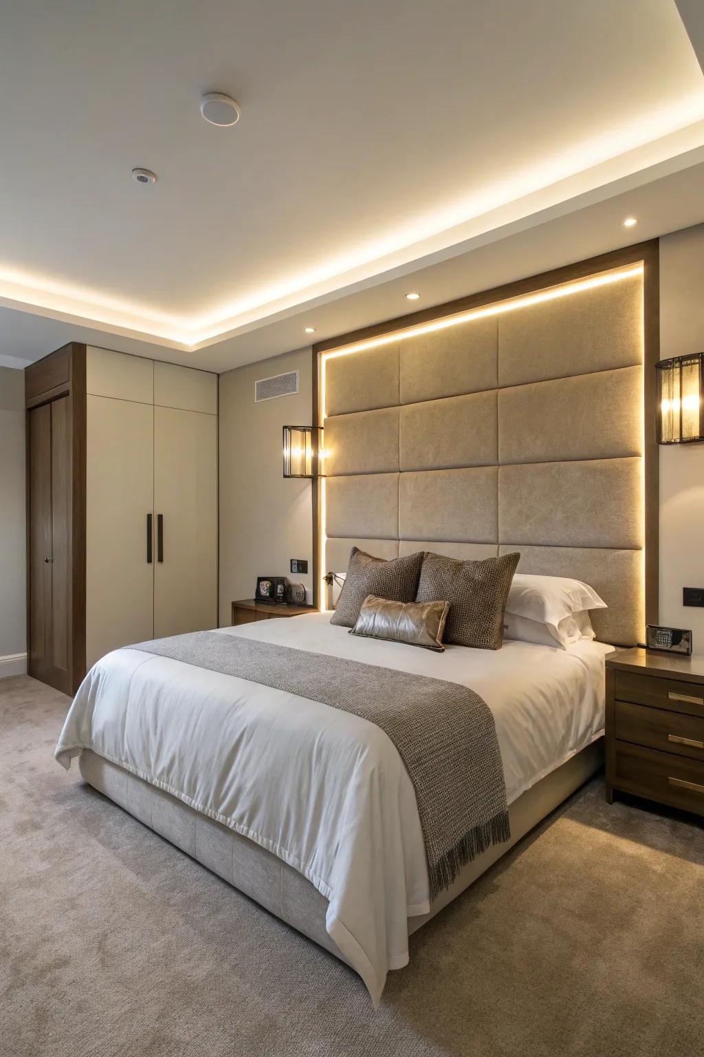 Integrated headboard lights create a modern and unified design.