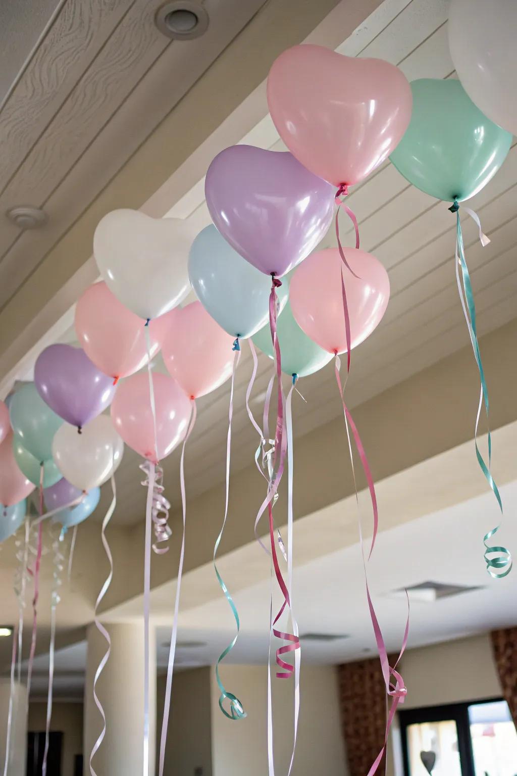 Soaring heart balloons fashion a captivating ceiling display.