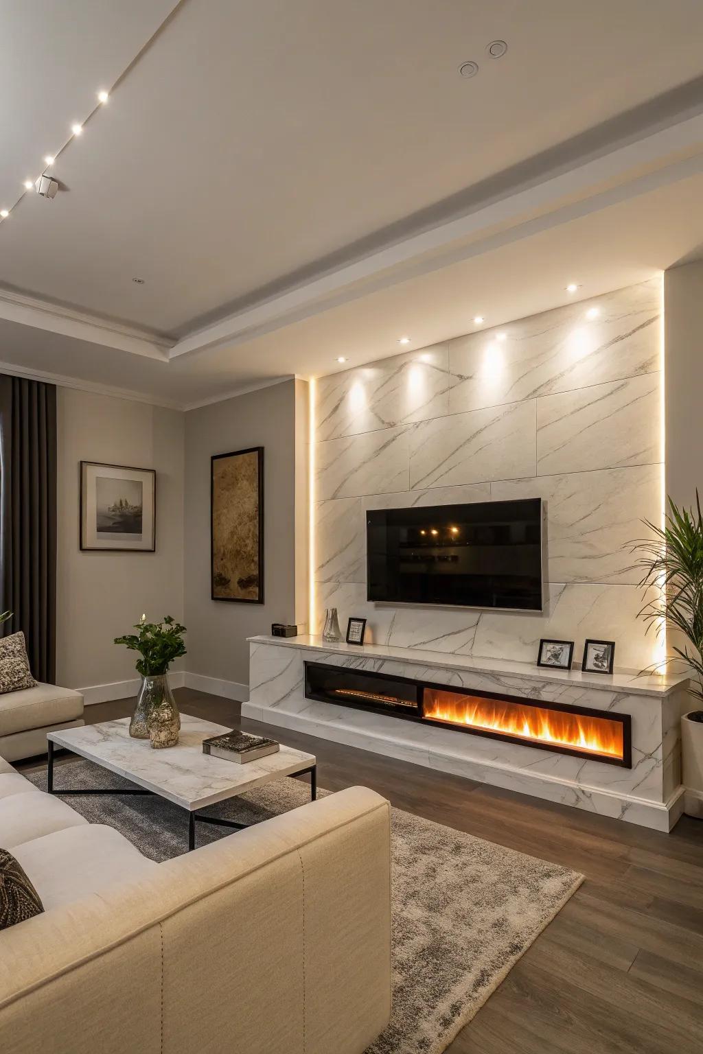 A contemporary living space featuring a wall-mounted electric hearth, presenting a sleek and modern ambiance.