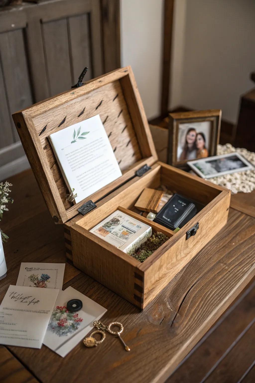 An artisanal wood storage chest to safeguard treasured wedding day memories.
