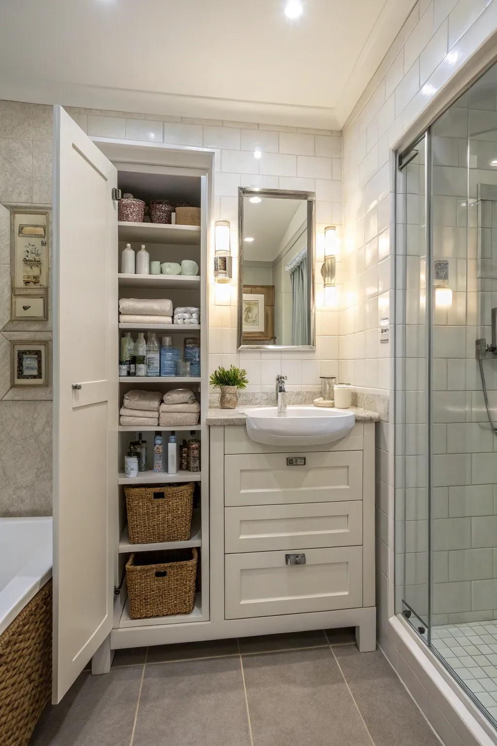 An inset cabinet offers refined storage in a contemporary bathroom.