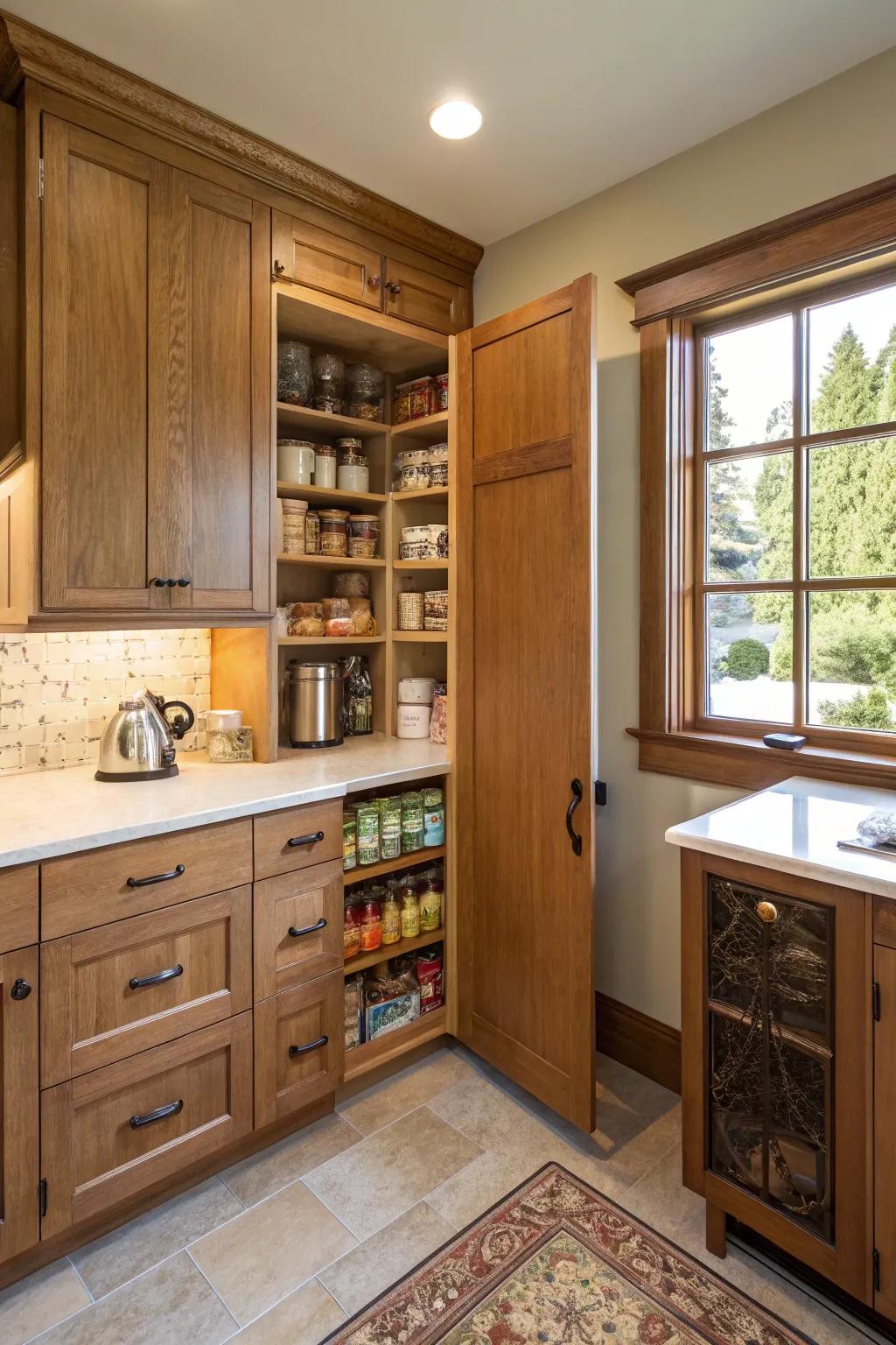 Integrated cabinets functioning as a concealed larder in a small cooking area.