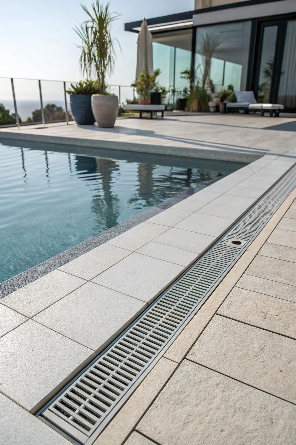A polished longline drain enhancing the pool's streamlined aesthetic.