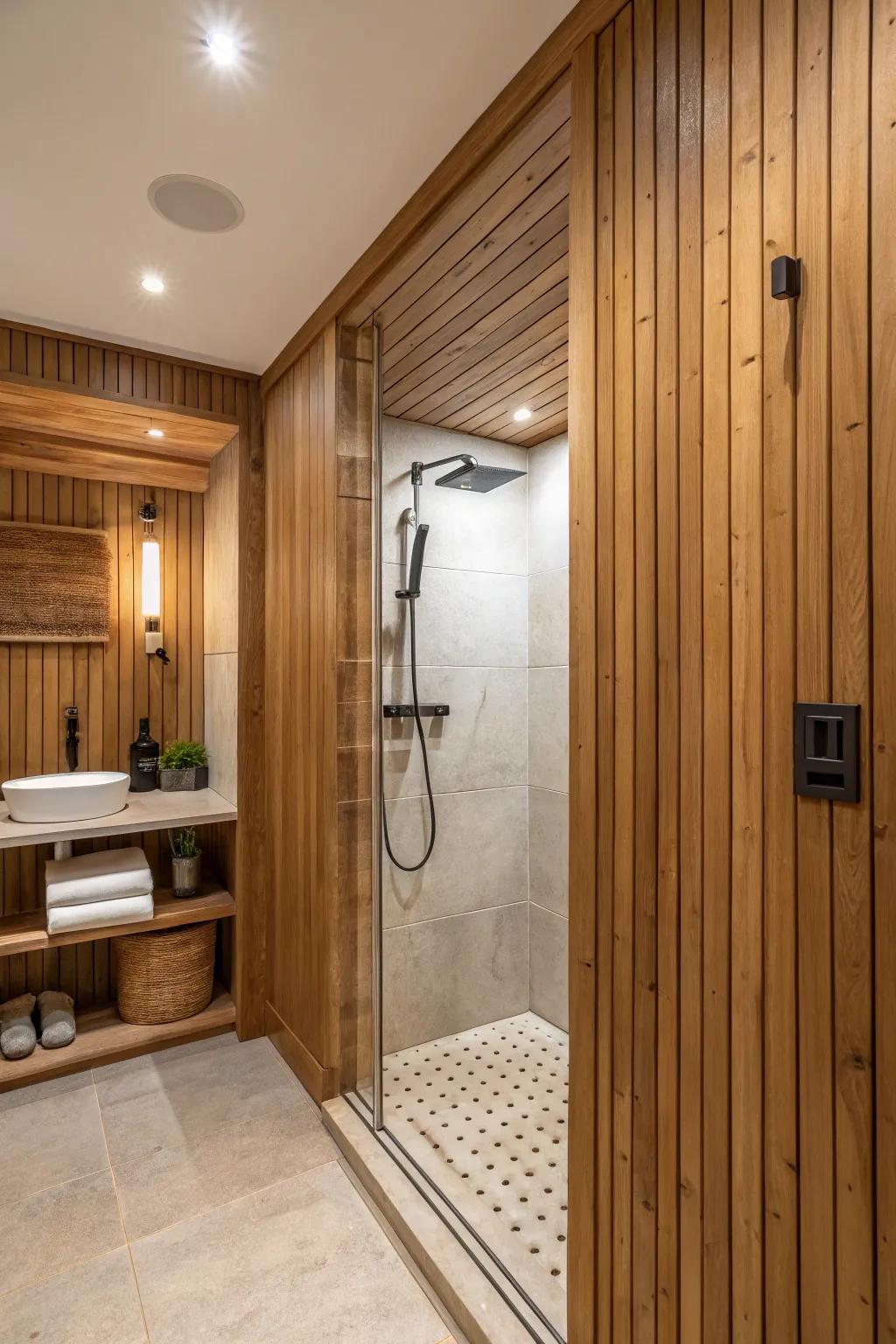 Authentic lumber panels contribute to a snug and unified shower ambiance.