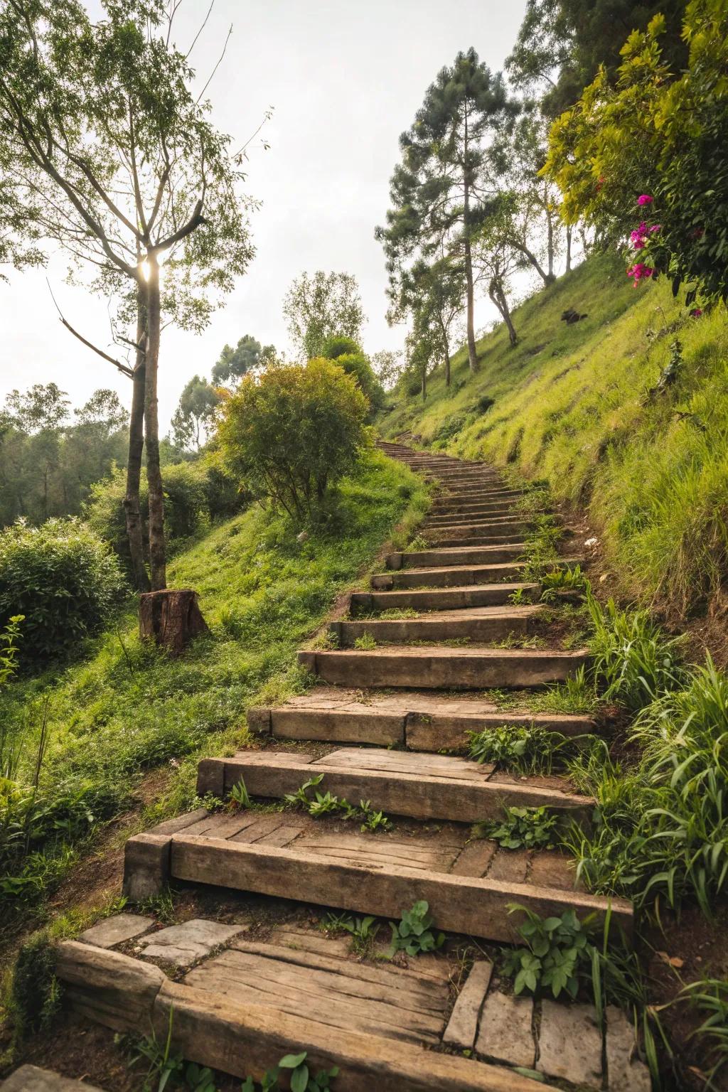 Reclaimed wood risers introduce a down-to-earth allure to any garden incline.