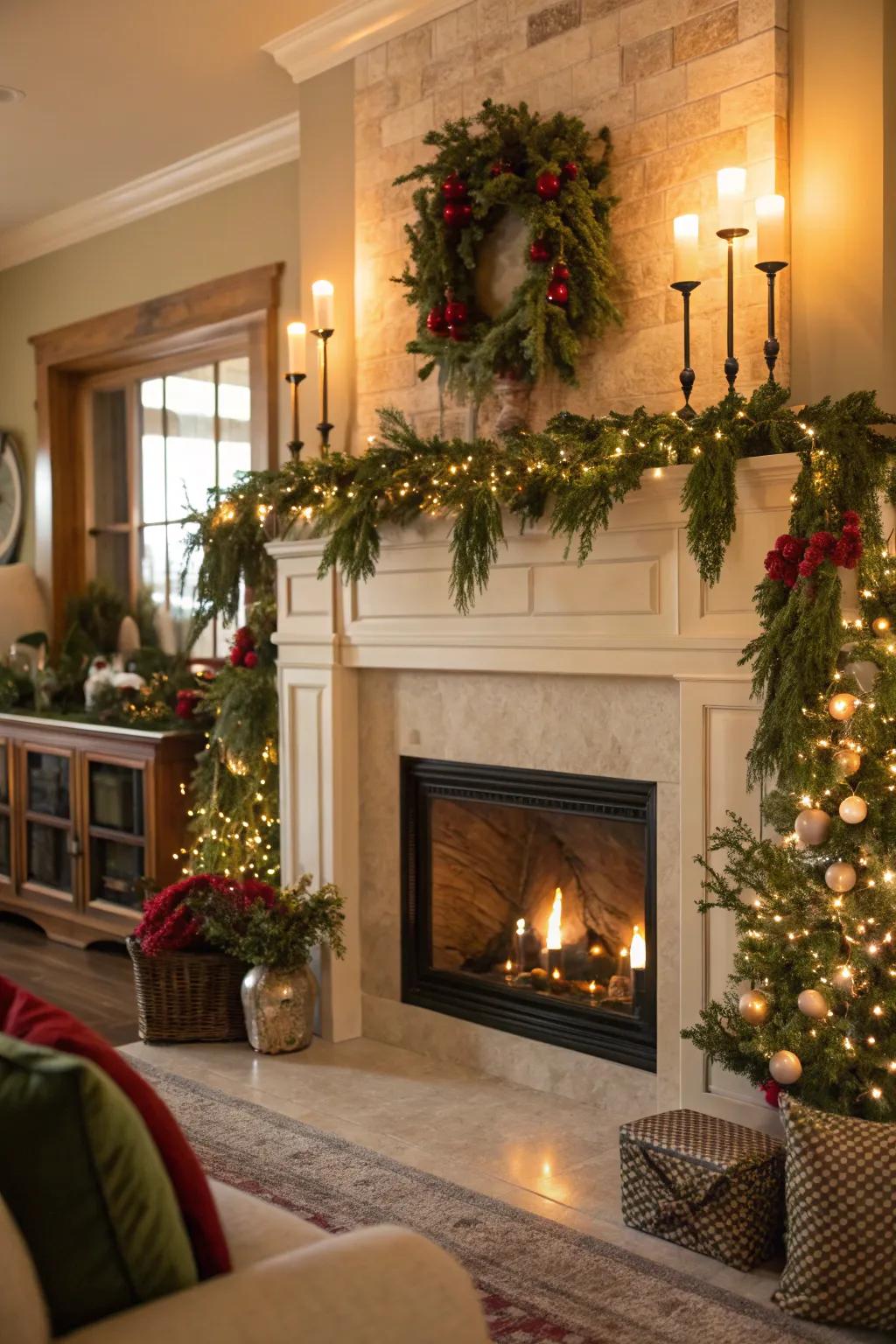 A festive mantel embellished with garlands and fairy lights.