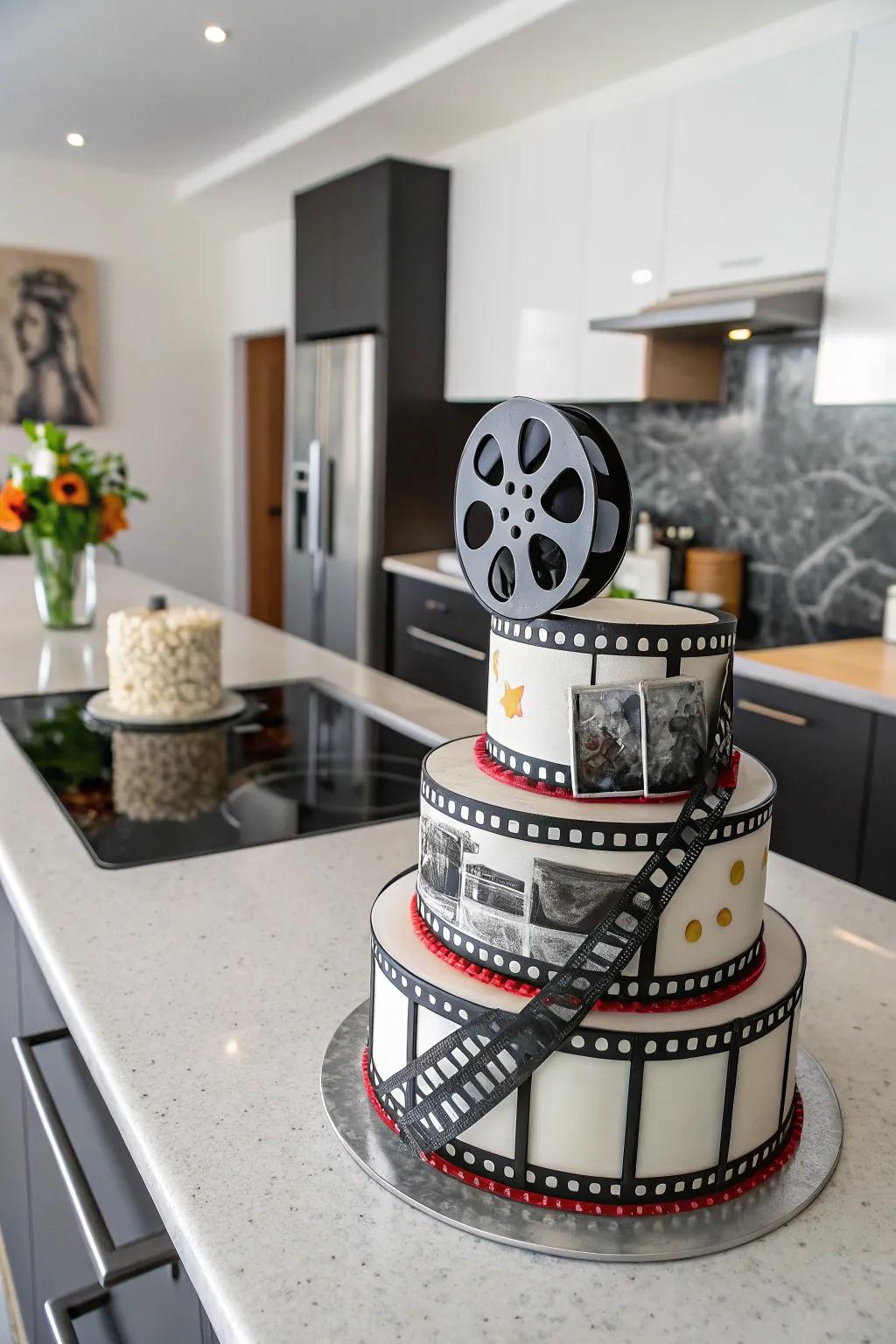 Detailed film scroll motifs bring a touch of cinema magic to this dessert.