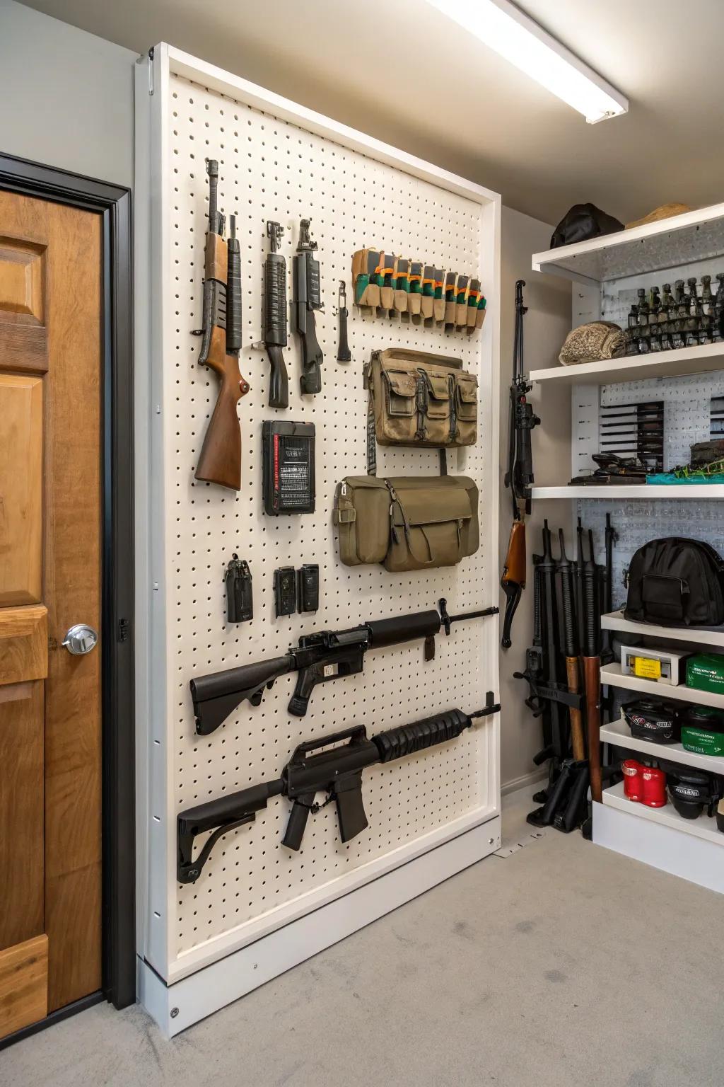 A pegboard offers the ultimate adaptable storage solution for your armory.