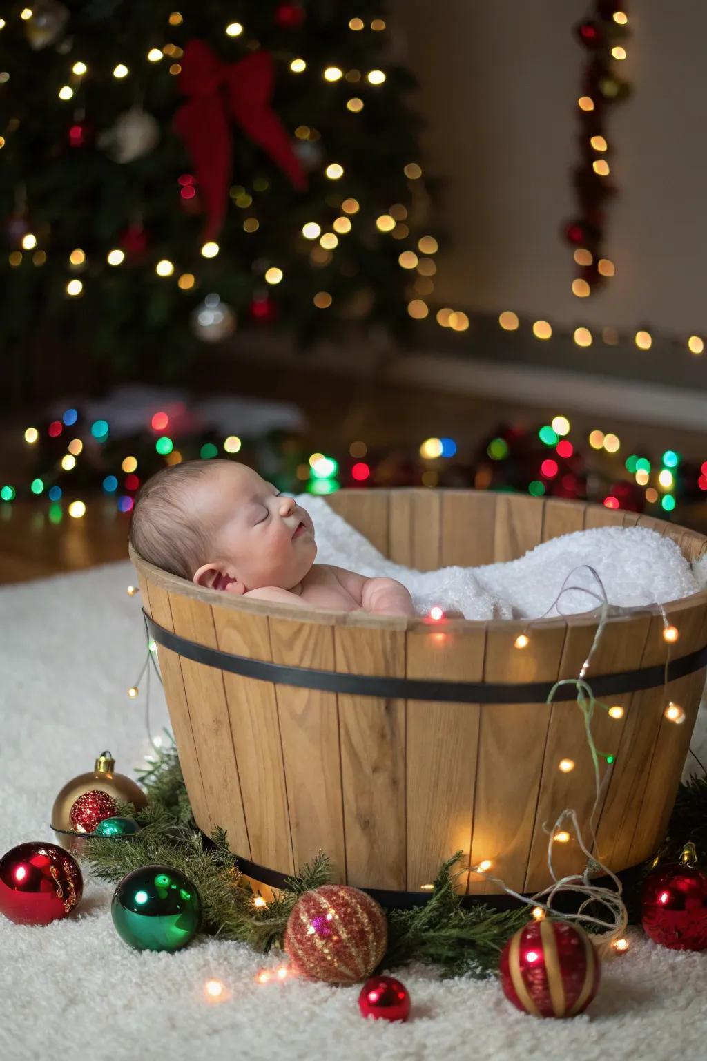 A lively and festive tub scene for a baby's photoshoot.