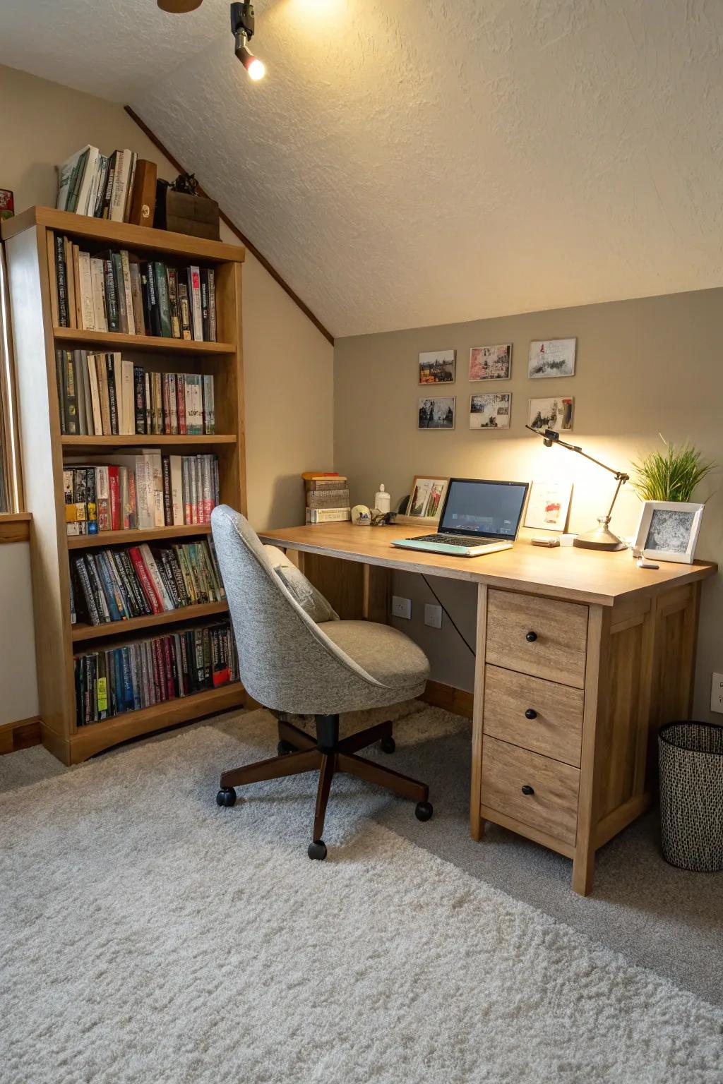 Carpeting offers warmth and comfort, creating a cozy and inviting home office.