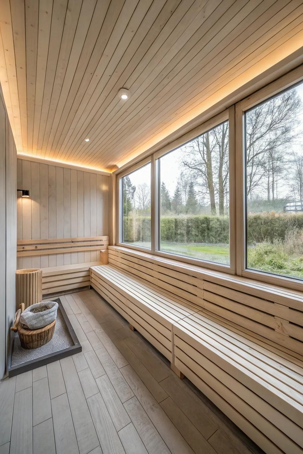 A minimalist sauna highlighting simplicity and rest.
