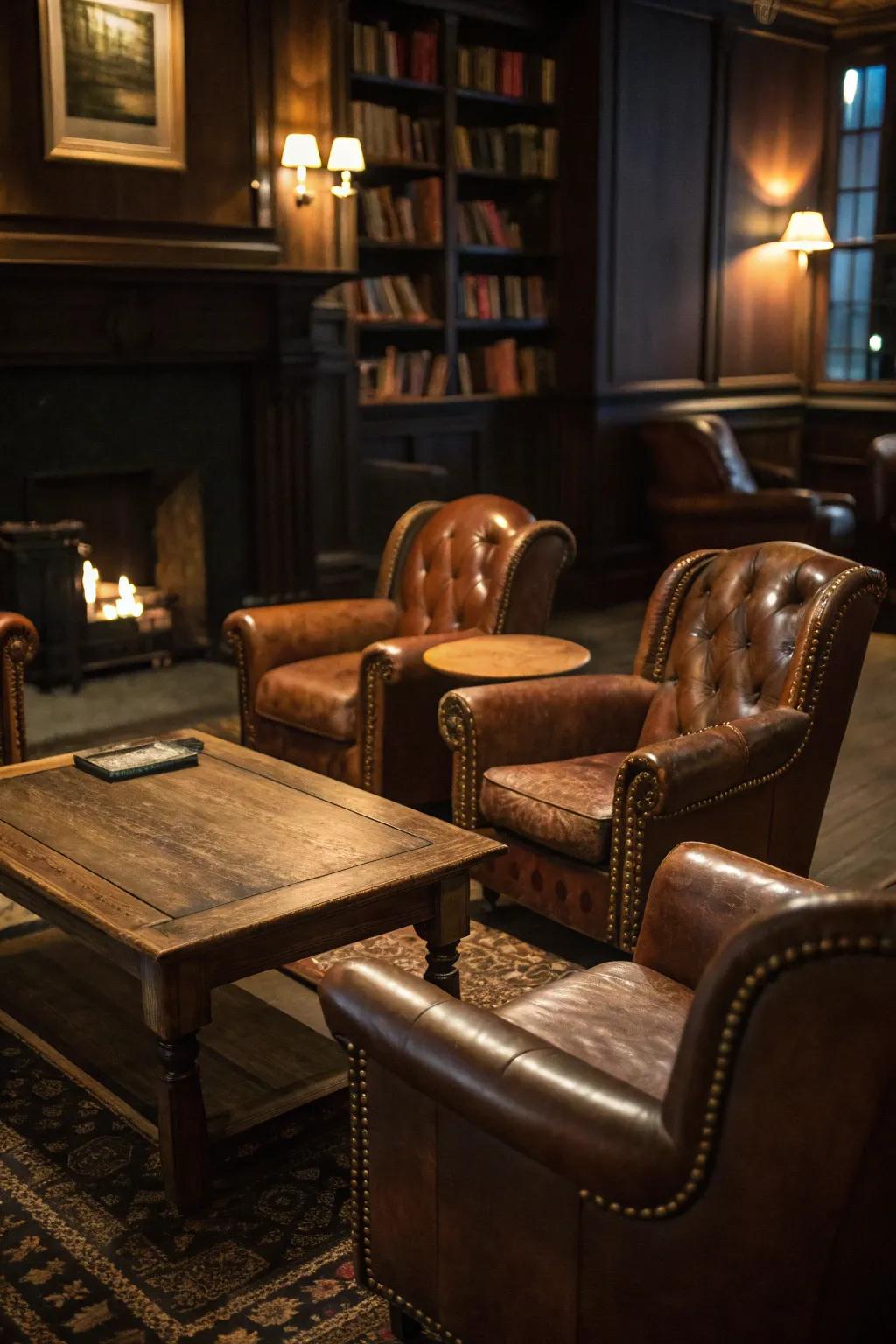 Timeless furnishings contribute warmth and distinction to your speakeasy area.