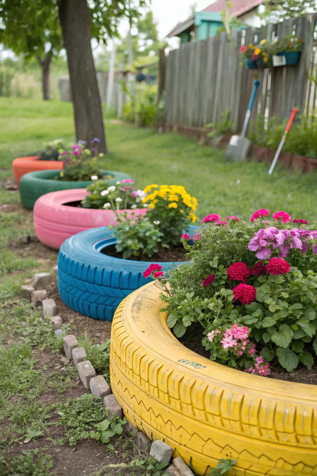 Brightly painted tires breathe new life into your garden.