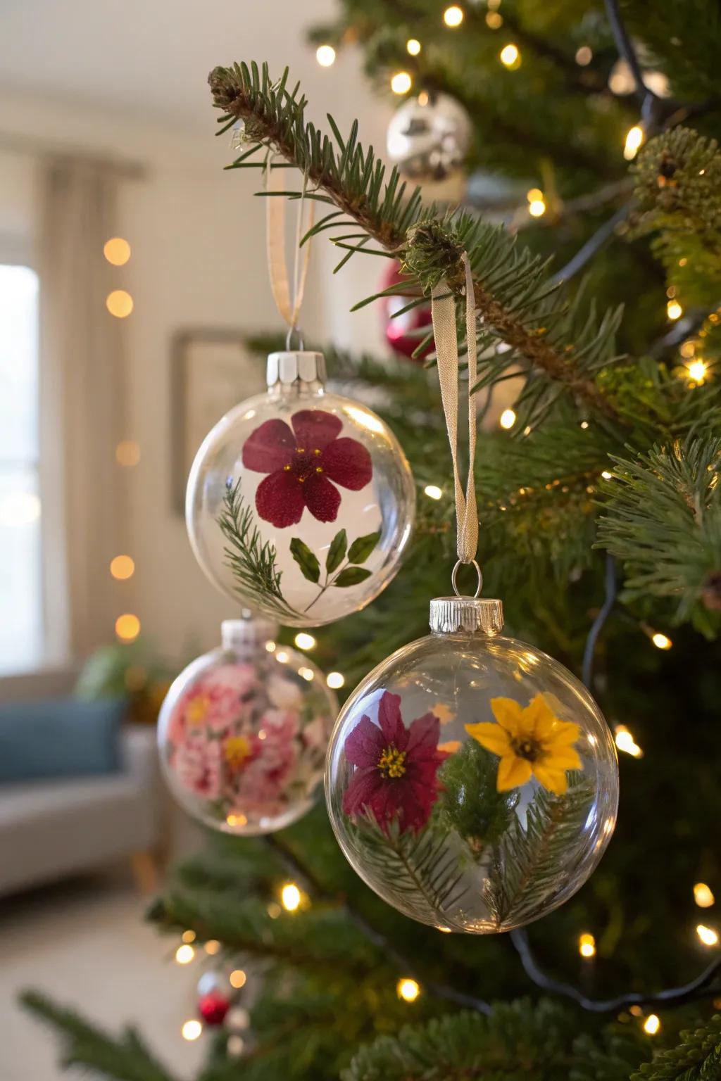 Delicate pressed flower ornaments bringing a hint of spring to the holiday decor.