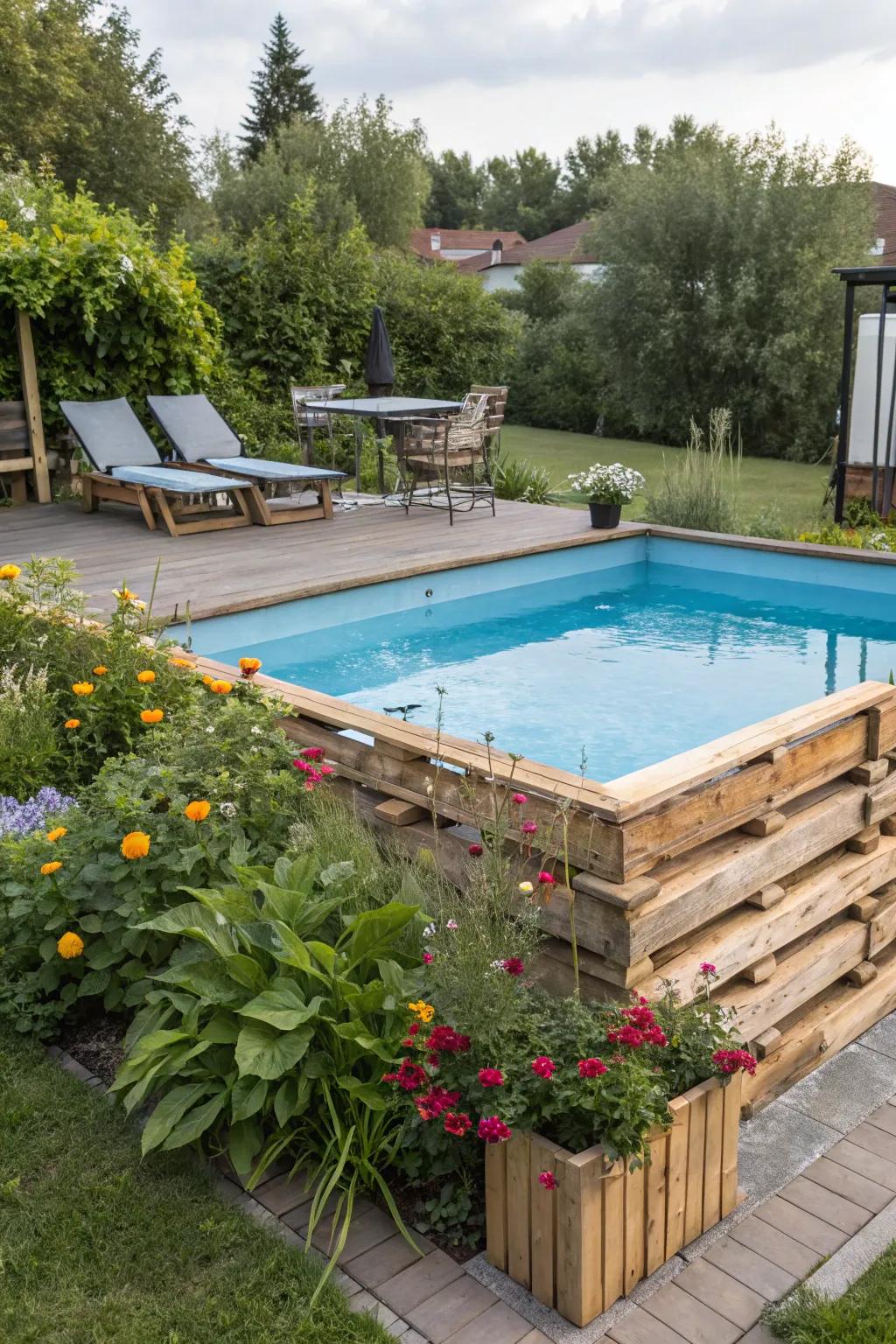An imaginative use of reclaimed wood to frame an above-ground pool.