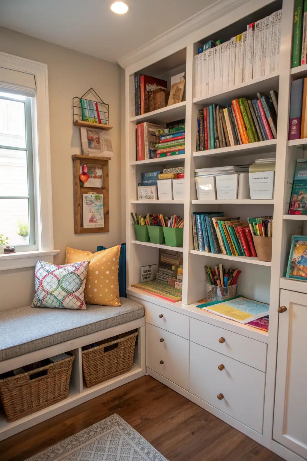 With open shelving, you can get the most storage possible without making your homeschool area feel cramped.