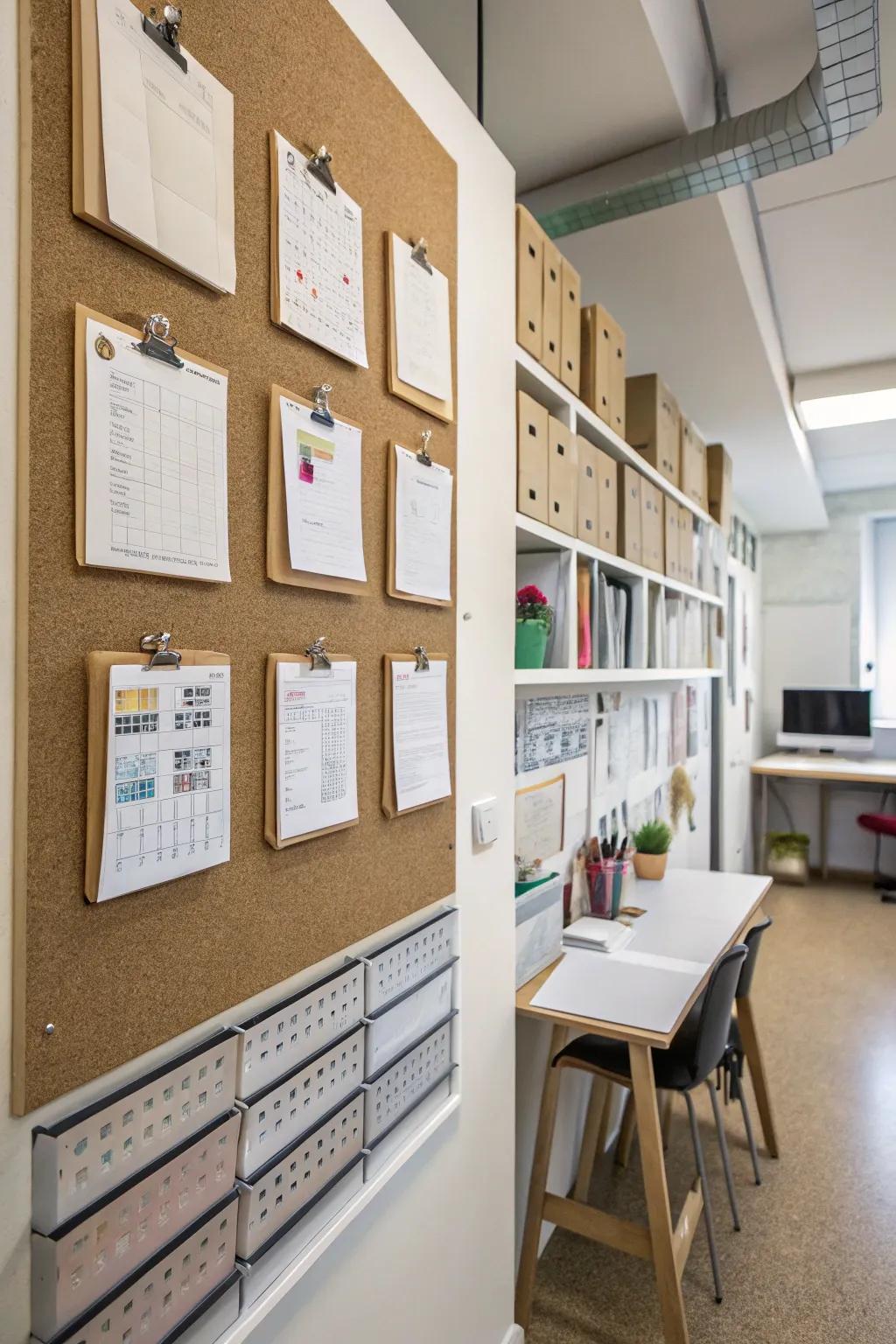 Optimizing space using wall-mounted vertical organizers.