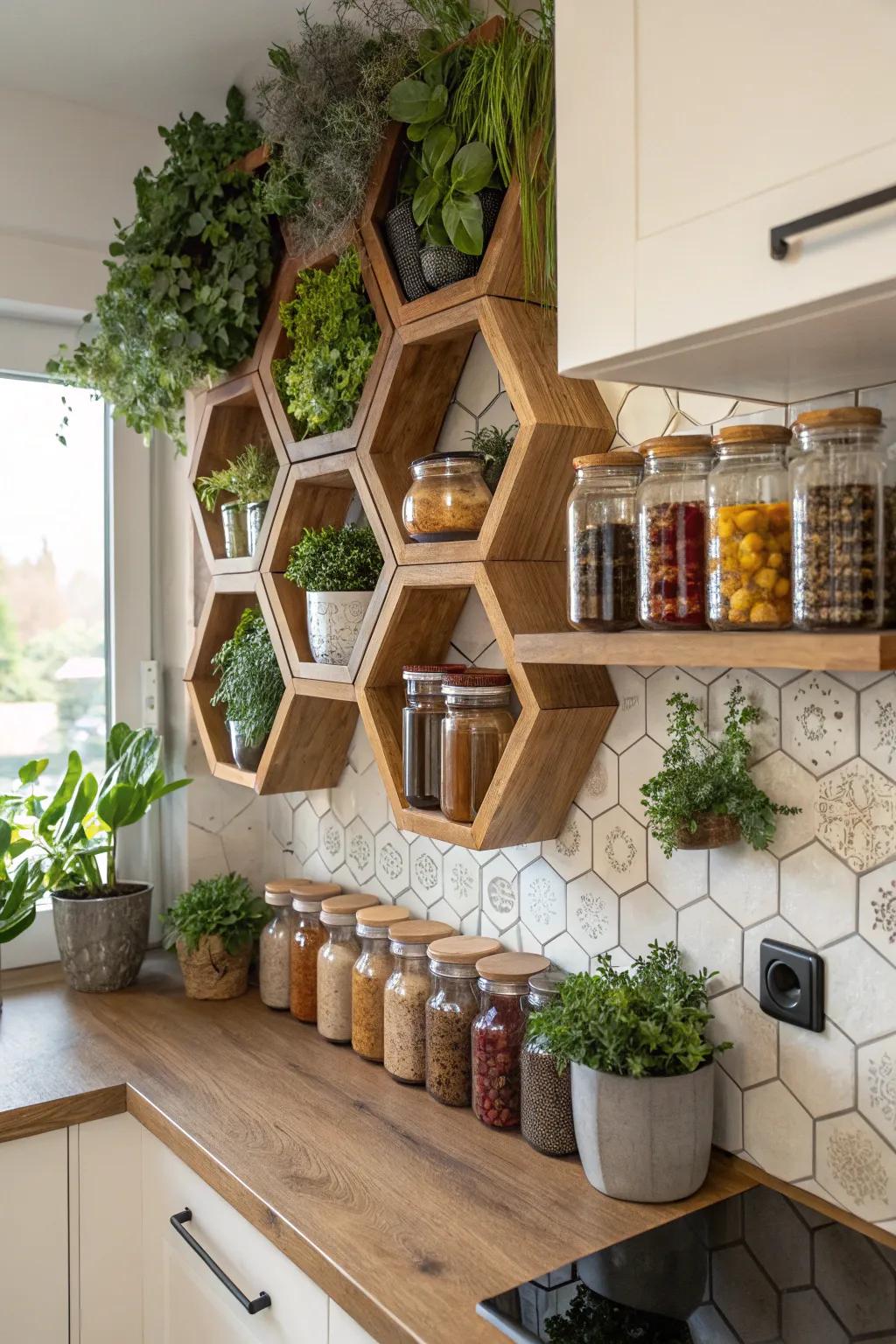 Combine storage and style with honeycomb shelving.